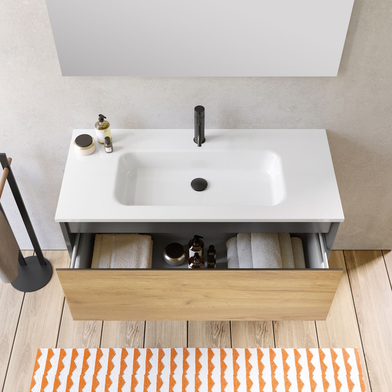 Mobile bagno sospeso 100 cm antracite e rovere europeo con lavabo integrato  e specchio - Julia