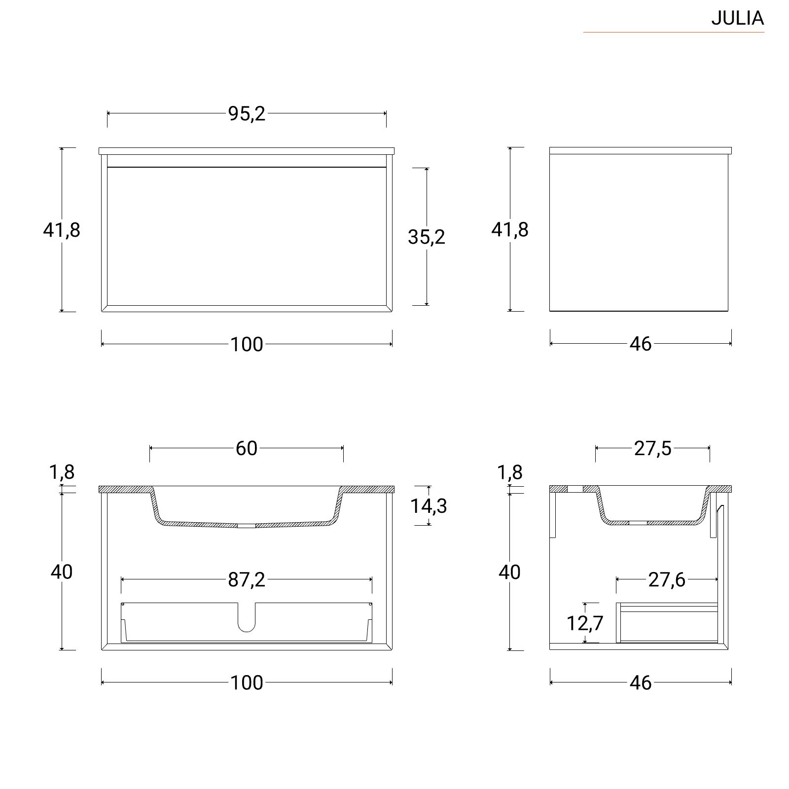 Mobile bagno sospeso 100 cm antracite e rovere europeo per lavabo  d'appoggio con specchio - Julia