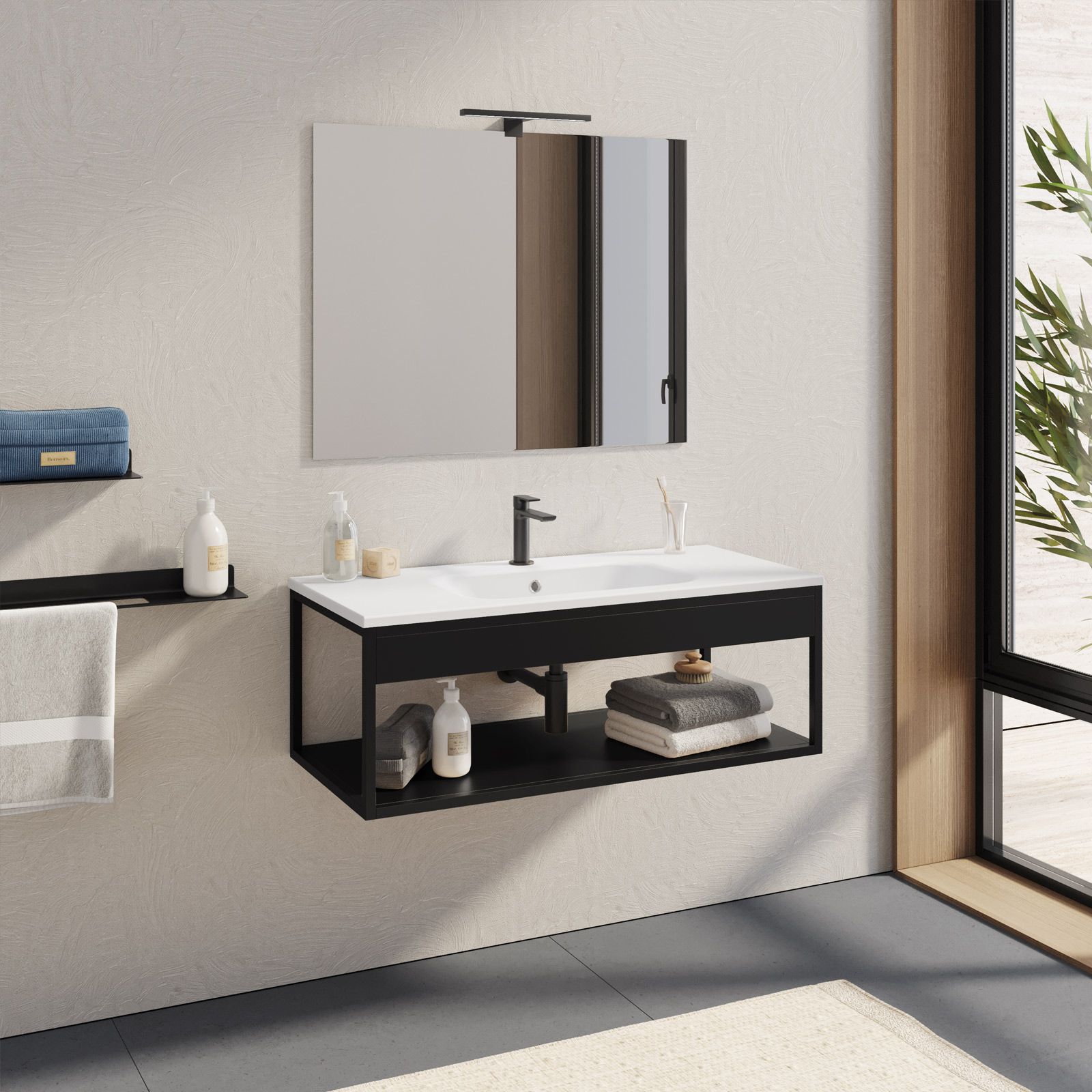 Mobile bagno sospeso 100 cm nero opaco con lavabo integrato e specchio -  Axis