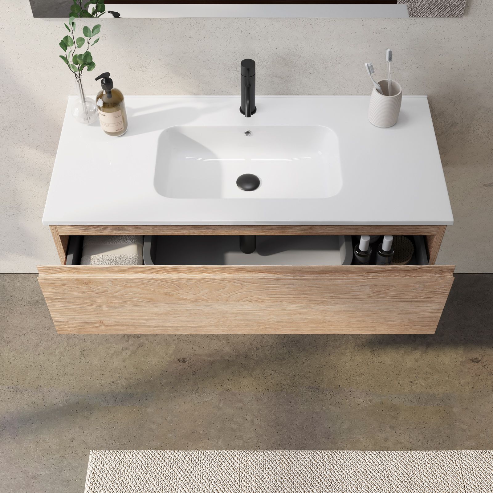 Mobile bagno sospeso portalavabo 100 cm con cassettone rovere biscuit e  specchio - Verano