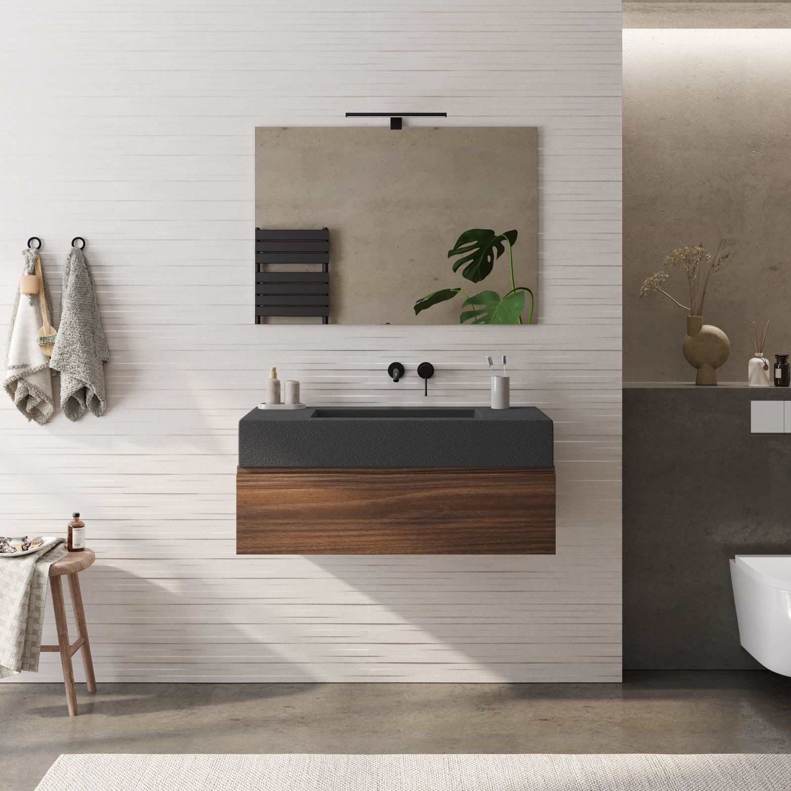 Mobile bagno sospeso 100 cm antracite e rovere europeo per lavabo  d'appoggio con specchio - Julia