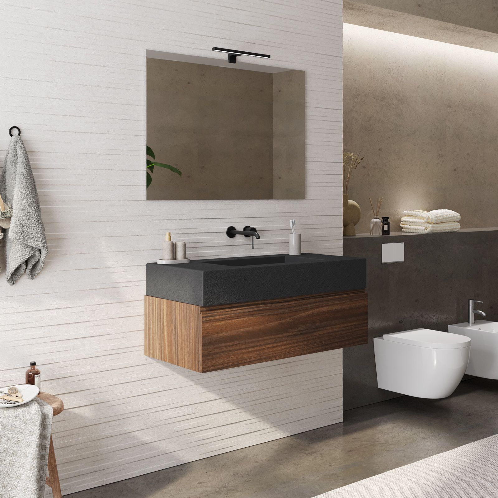 Mobile bagno sospeso 100 cm antracite e rovere europeo per lavabo  d'appoggio con specchio - Julia