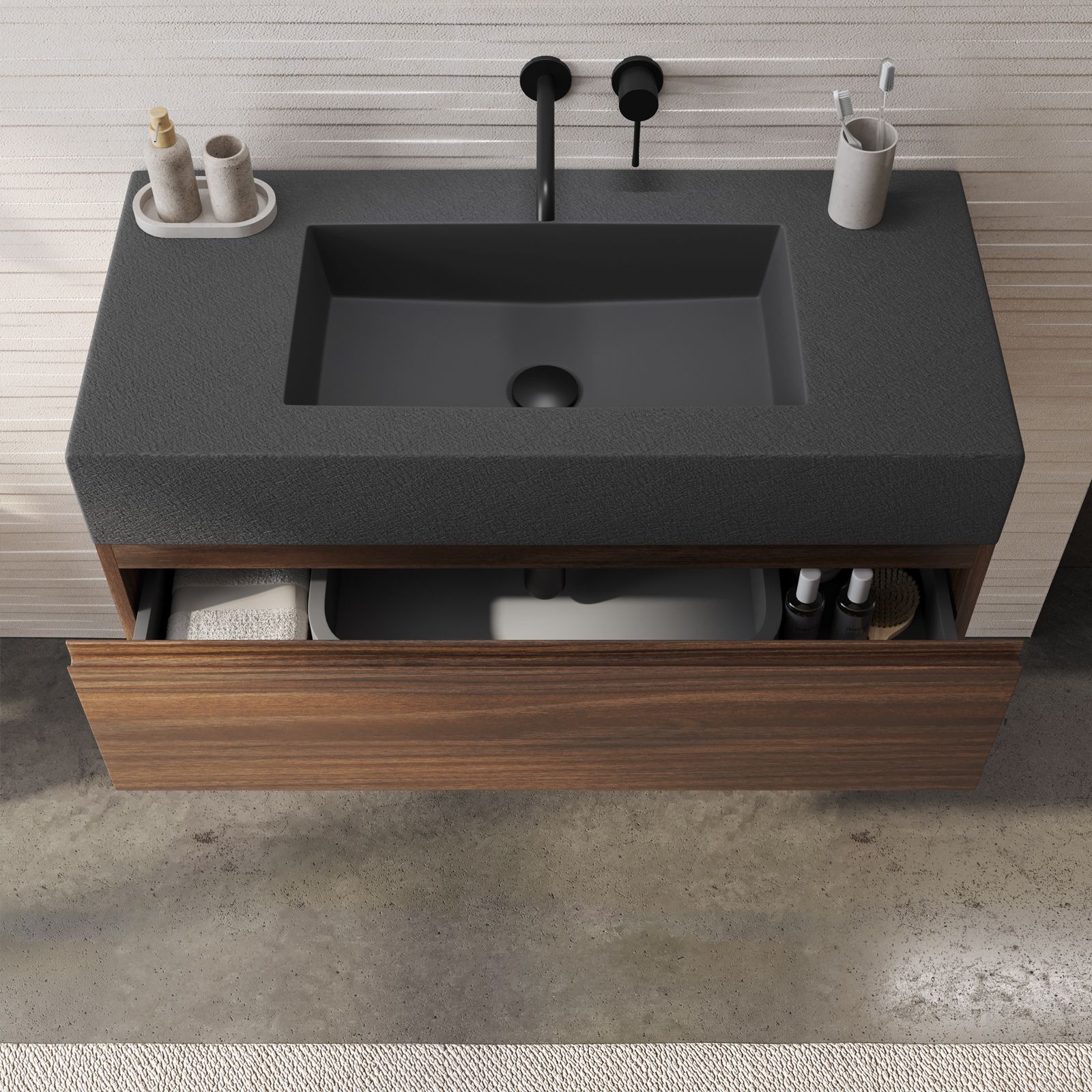 Mobile bagno sospeso 100 cm rovere deciso con top lavabo antracite effetto  pietra e specchio - Verano