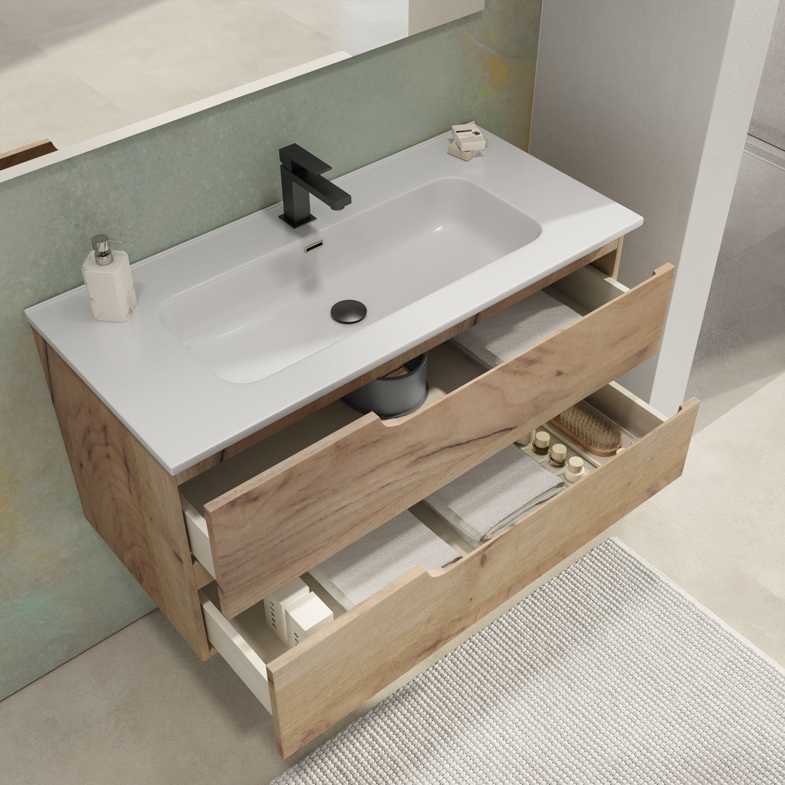 Mobile bagno sospeso 100 cm con lavabo integrato color rovere deserto e  specchio - Agave Plus