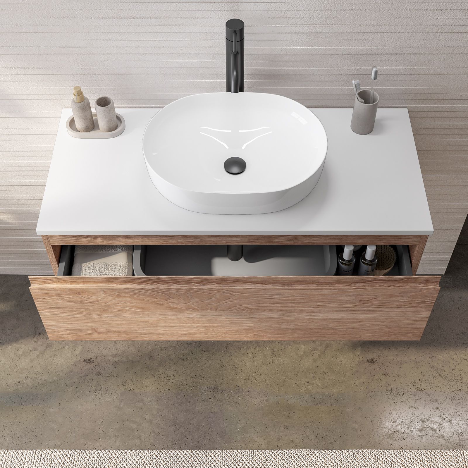 Mobile bagno sospeso 100 cm rovere deciso con lavabo in ceramica e specchio  - Verano Plus