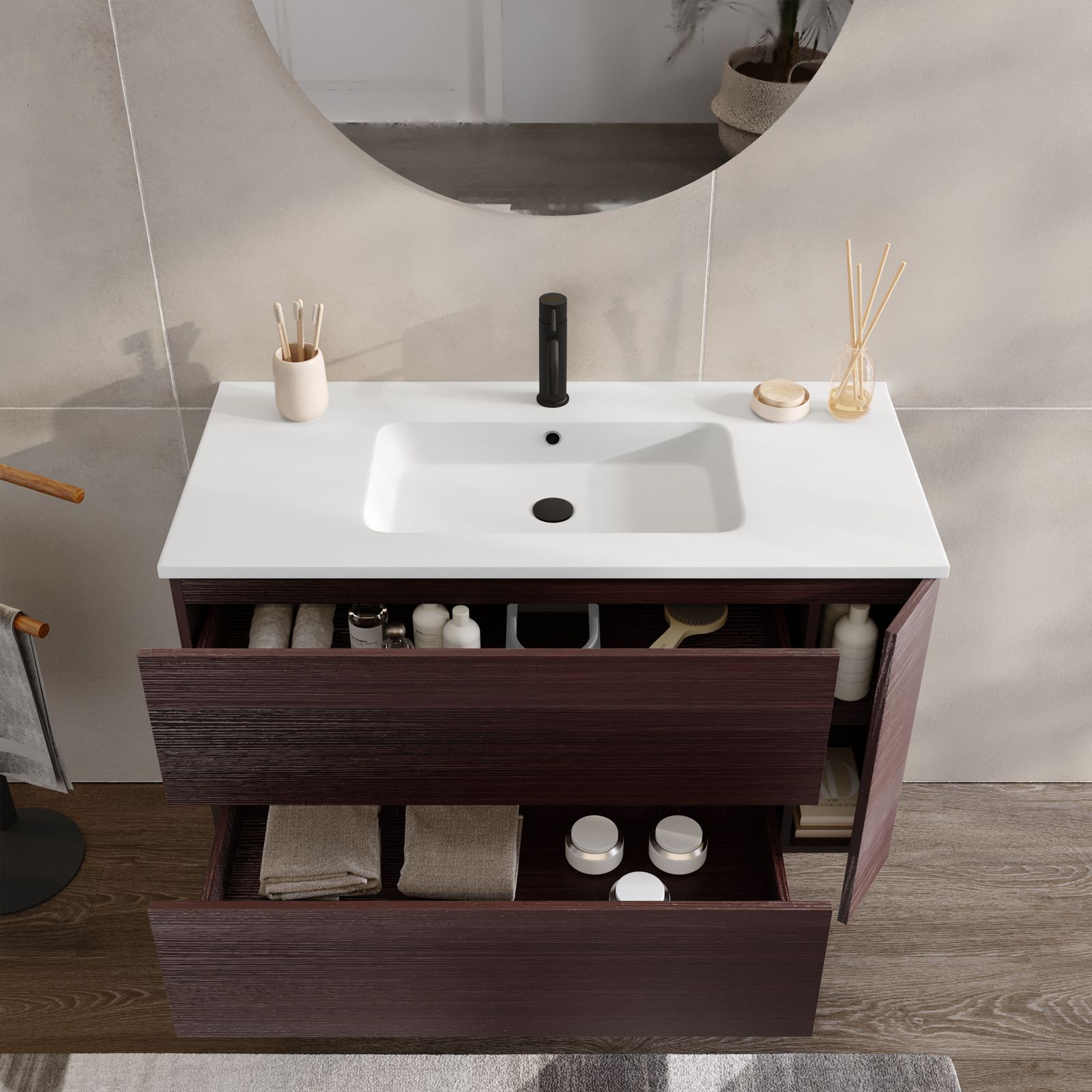 Mobile bagno sospeso 100 cm rovere mocha con specchio - Flight