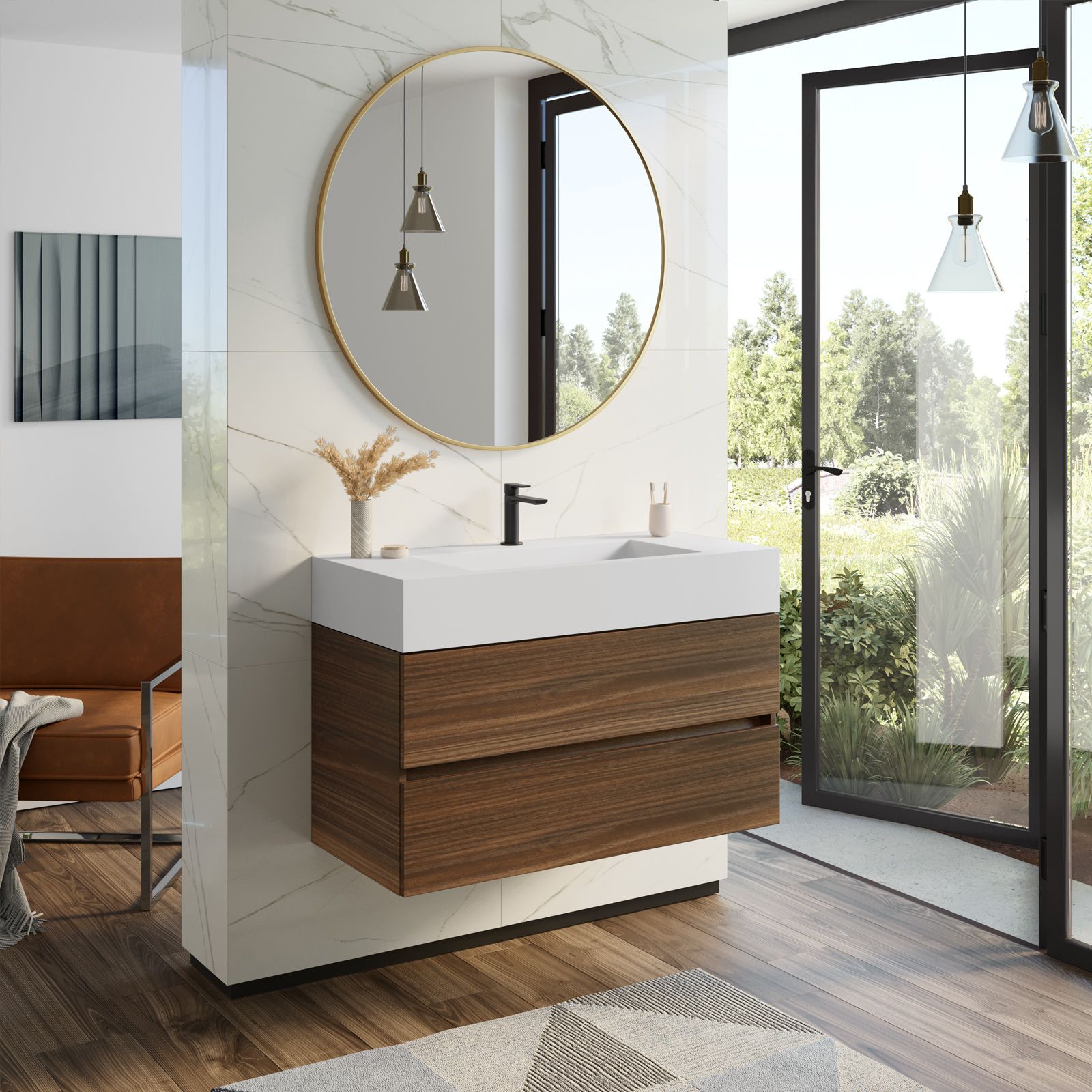 Mobile bagno sospeso rovere well, 100cm, base con lavabo, specchio