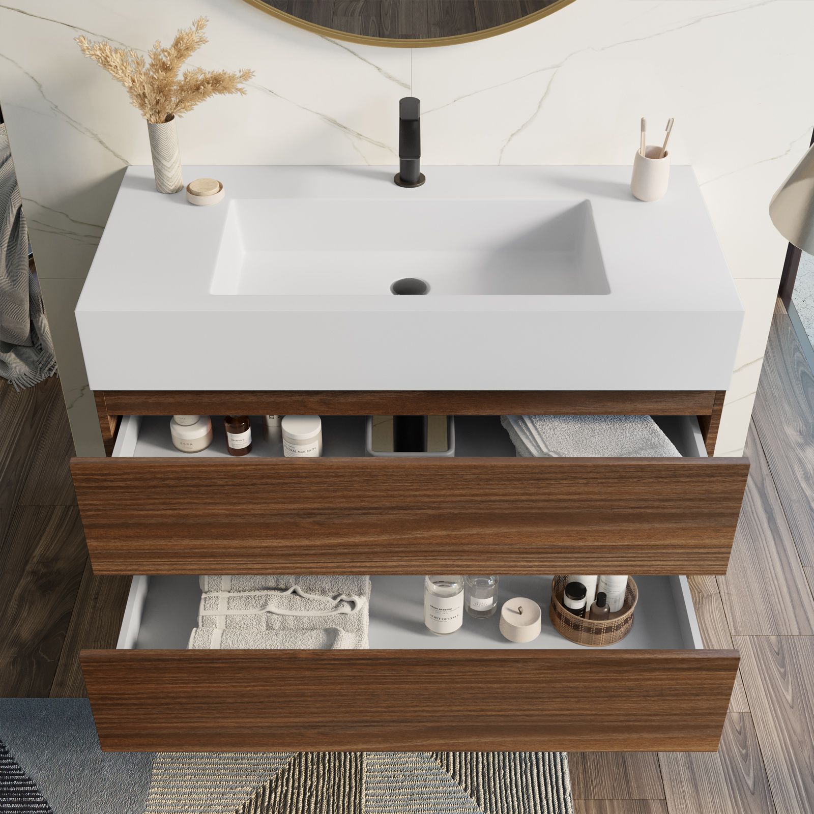 Mobile bagno sospeso rovere well, 100cm, base con lavabo, specchio e  colonna Arredobagno e Cucine s.r.l.s.