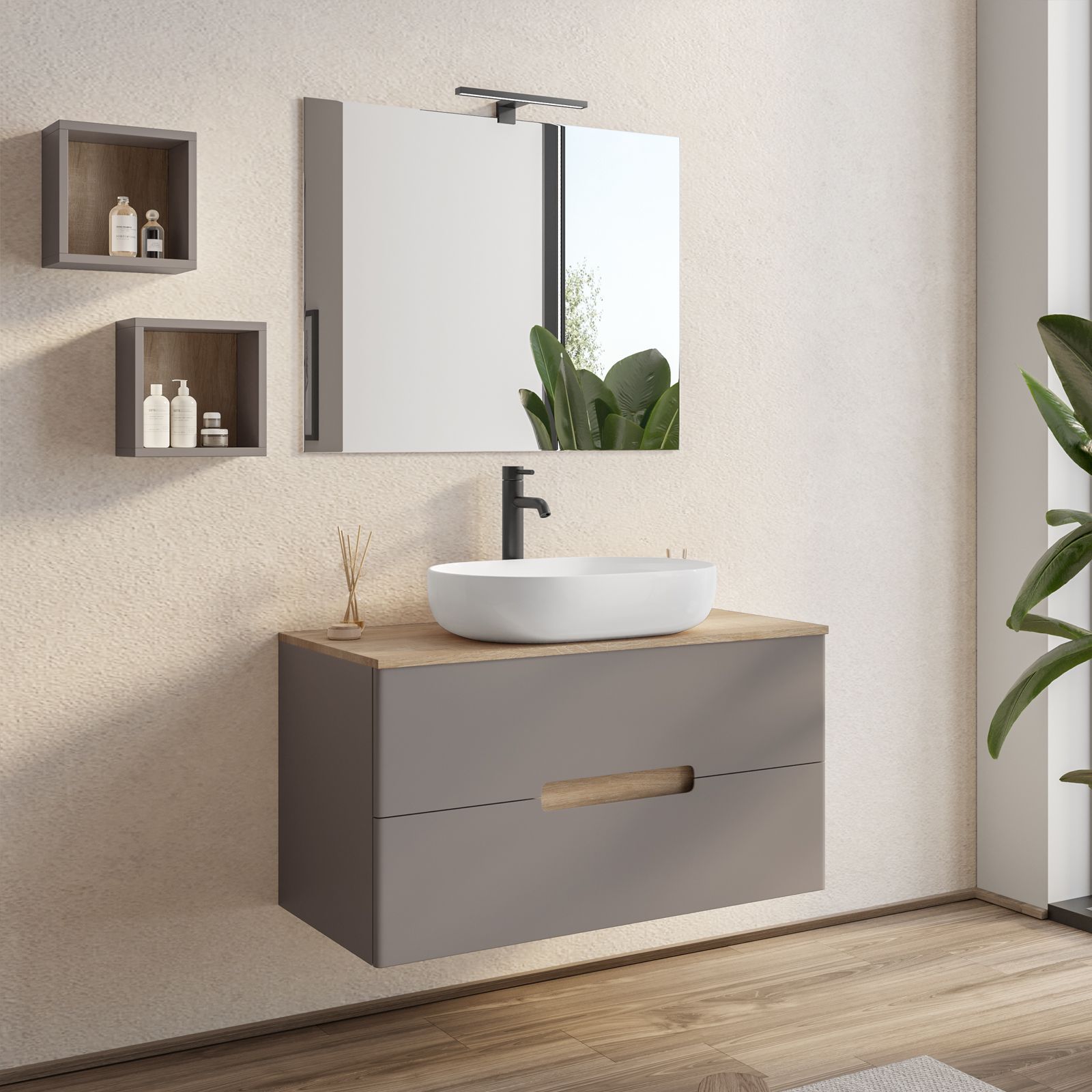 DEGHI MOBILI Mobile Da Bagno Sospeso 110 Cm Tortora Lucido Lavabo