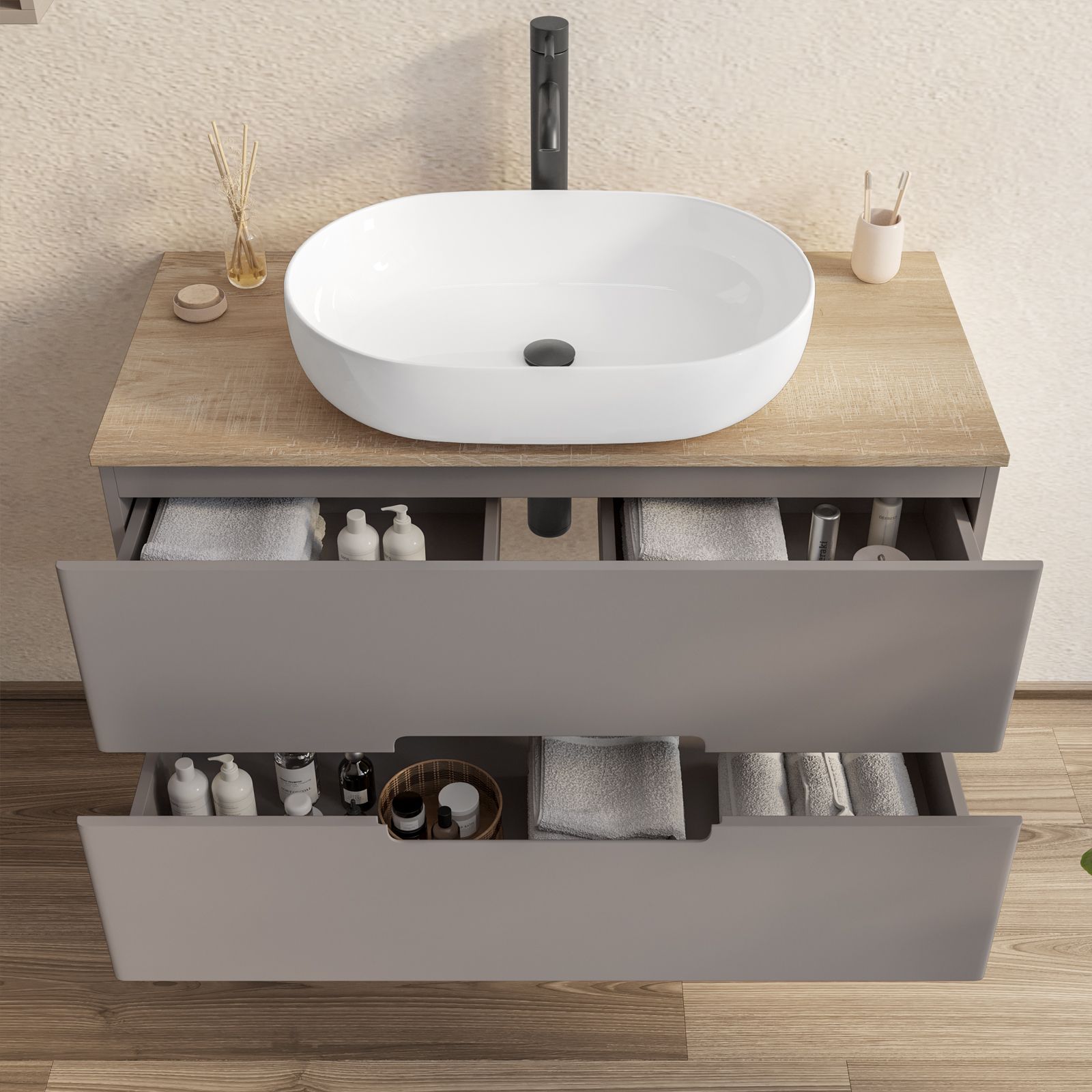 Mobile bagno sospeso 100 cm rovere heritage e tortora porta lavabo con  specchio - Fisher