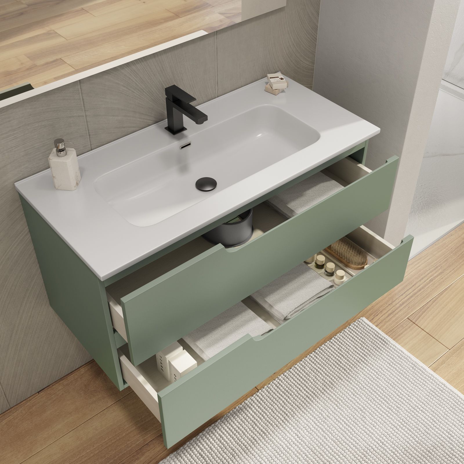 Mobile bagno 100 cm verde opaco cannettato con lavabo alto e specchio - Gaia