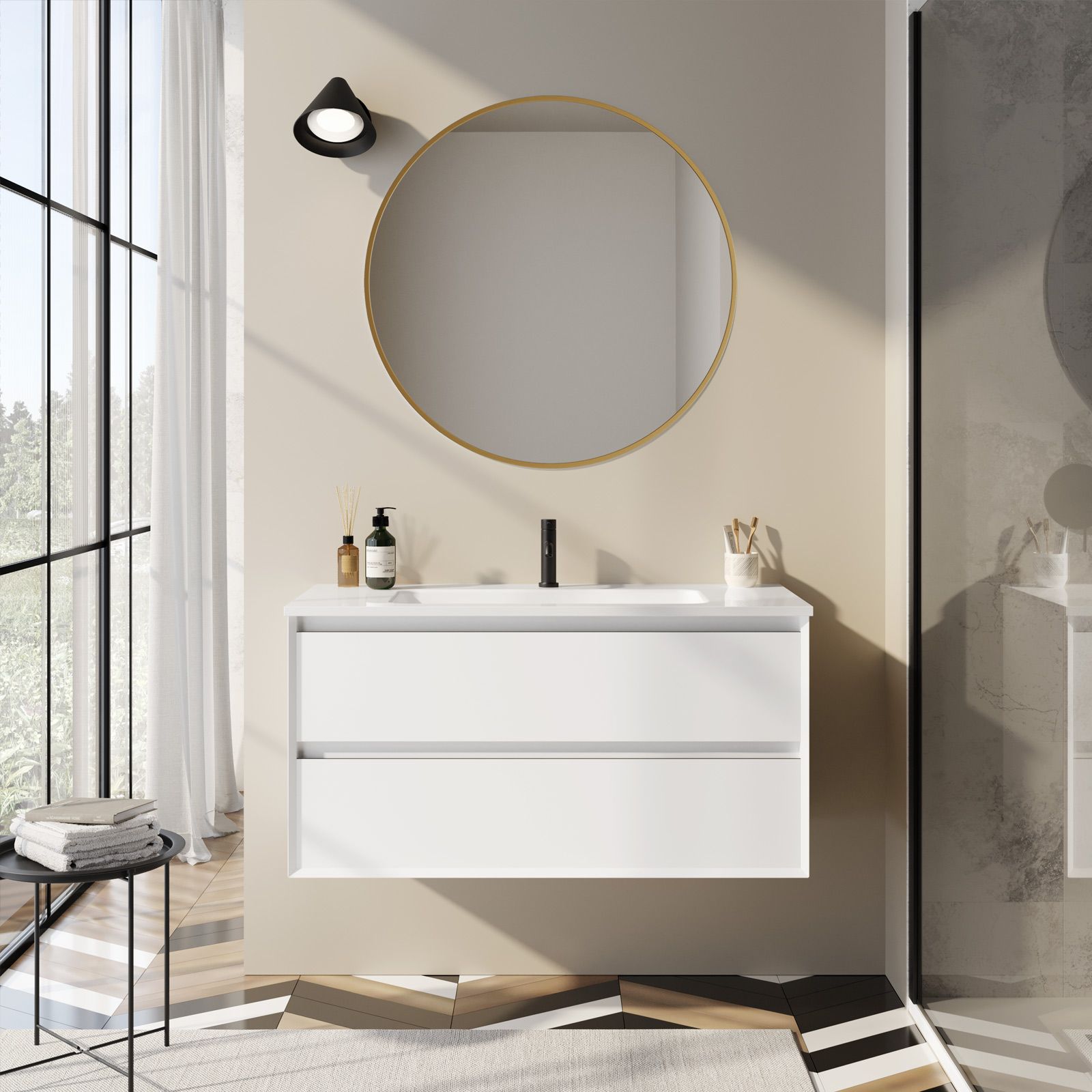 Bagno completo di mobile bianco opaco 100 cm, specchio led