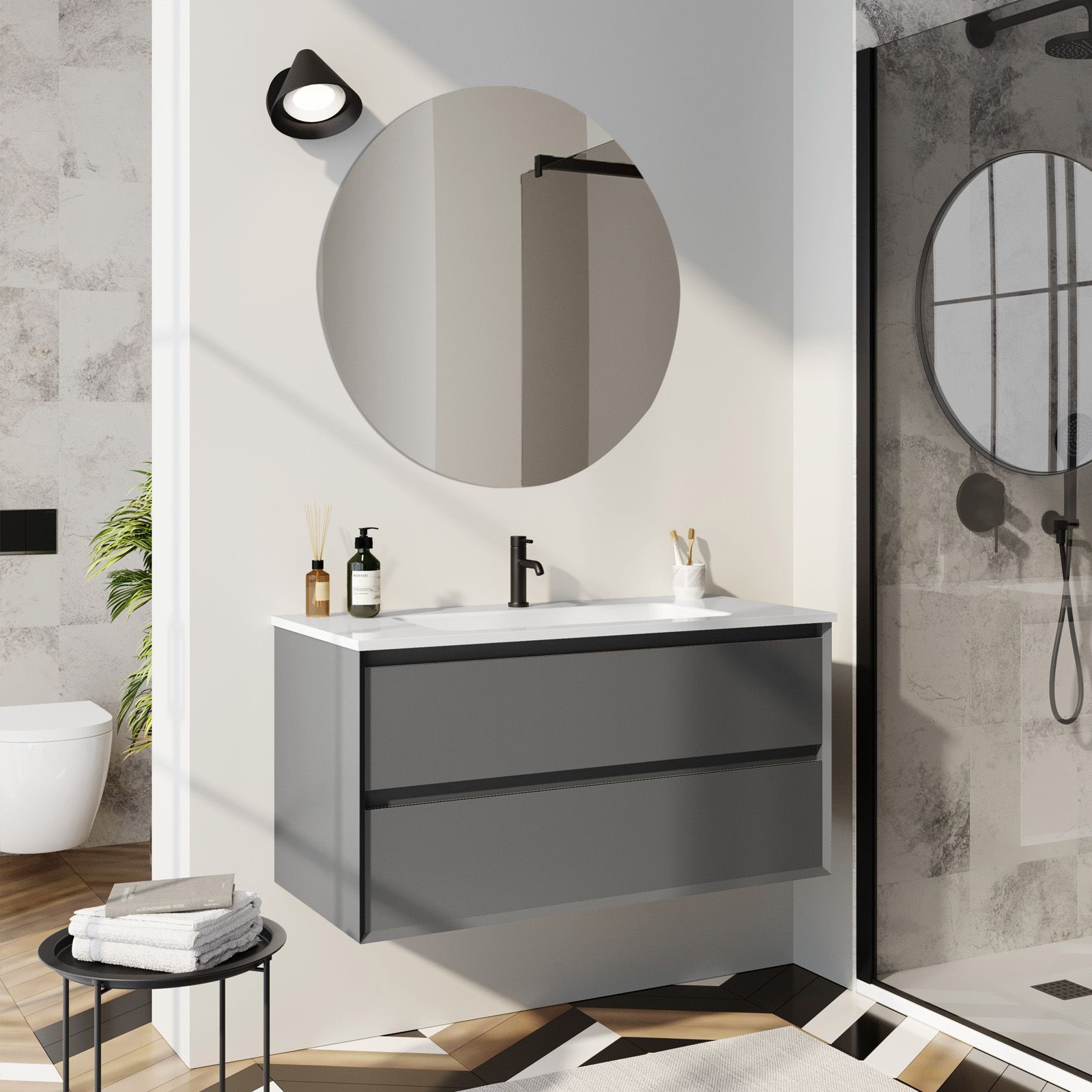 MOBILE BAGNO BIANCO 80CM CASSETTO TESSUTO GRIGIO SCURO, SPECCHIO TONDO