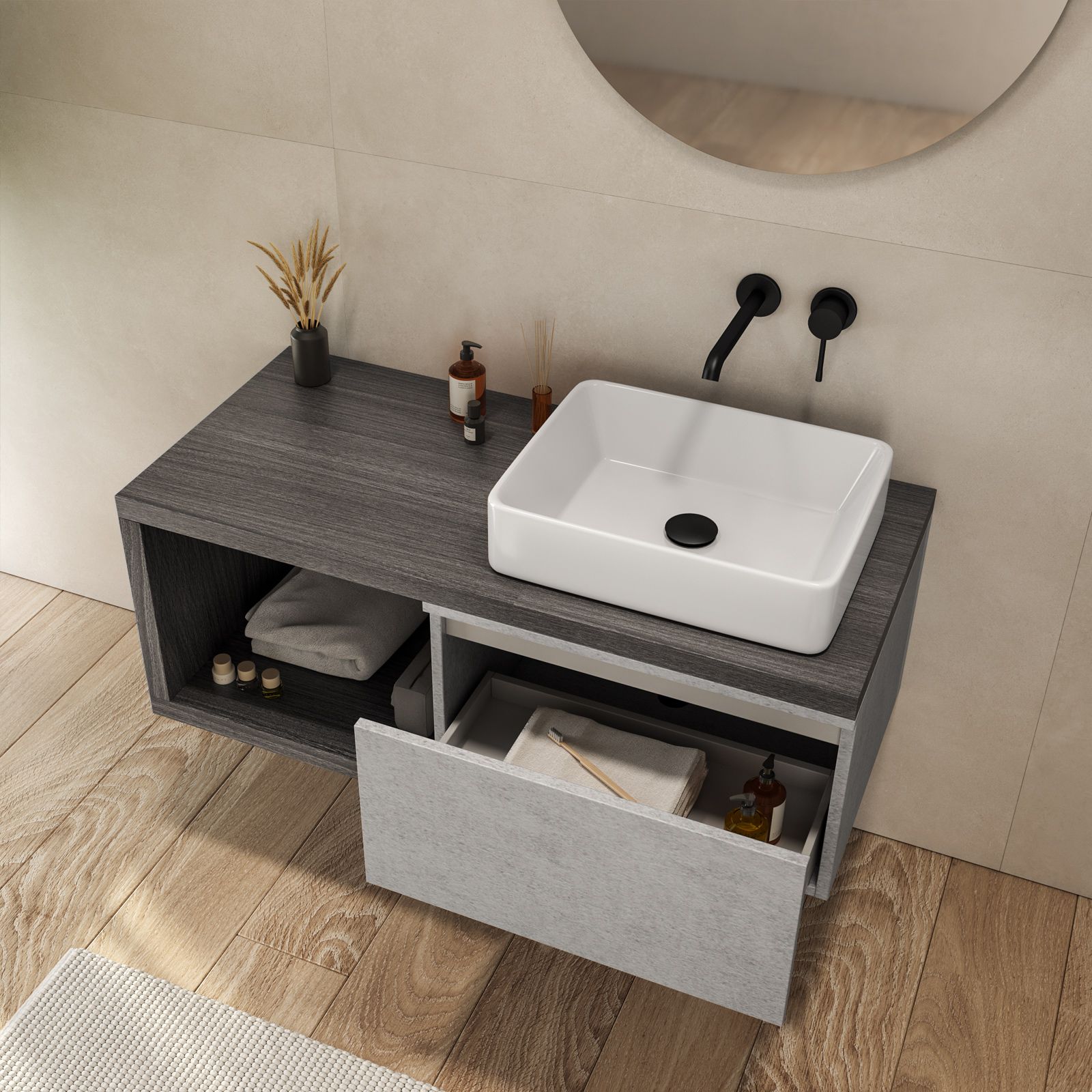 Mobile Bagno Sospeso 65 cm Rovere Grigio con Specchio Contenitore Trend -  Spazio