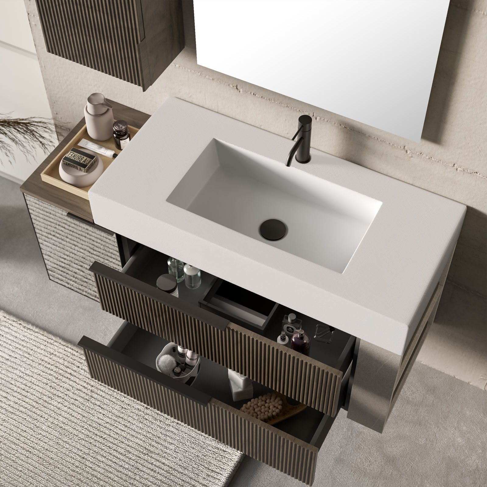 Mobile bagno sospeso 115 cm noce lavabo a dx specchio e pensile - Rilievo