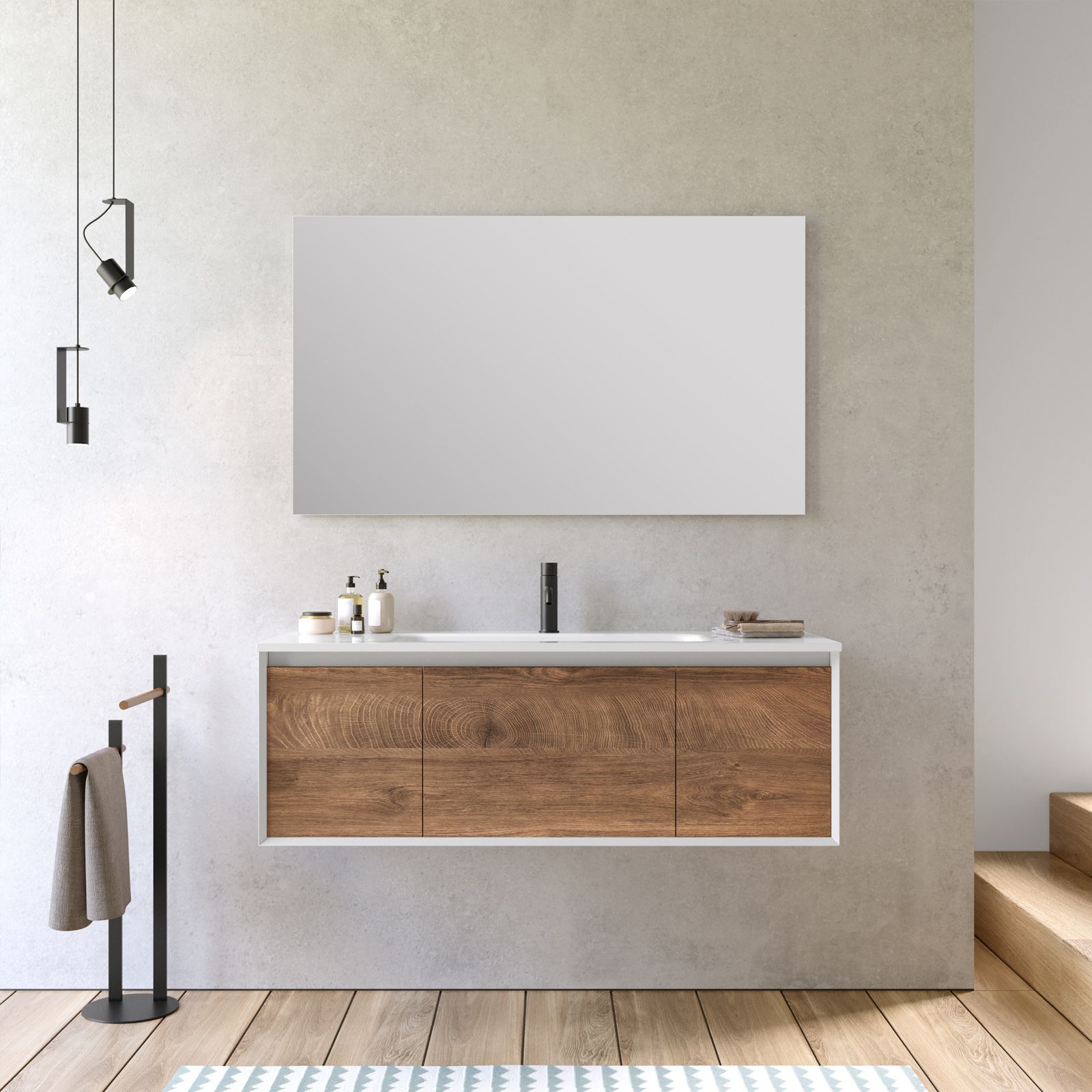 Mobile bagno sospeso 120 cm bianco e noce nativo con lavabo integrato e  specchio - Julia