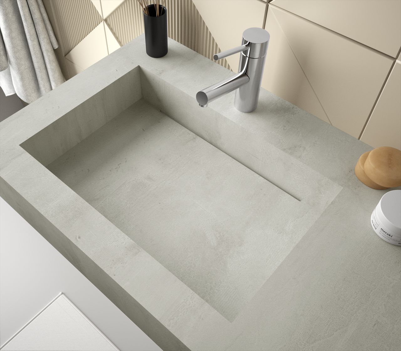 Mobile bagno sospeso 120 cm bianco opaco con lavabo grigio cemento sx e  vano a giorno - Jalama