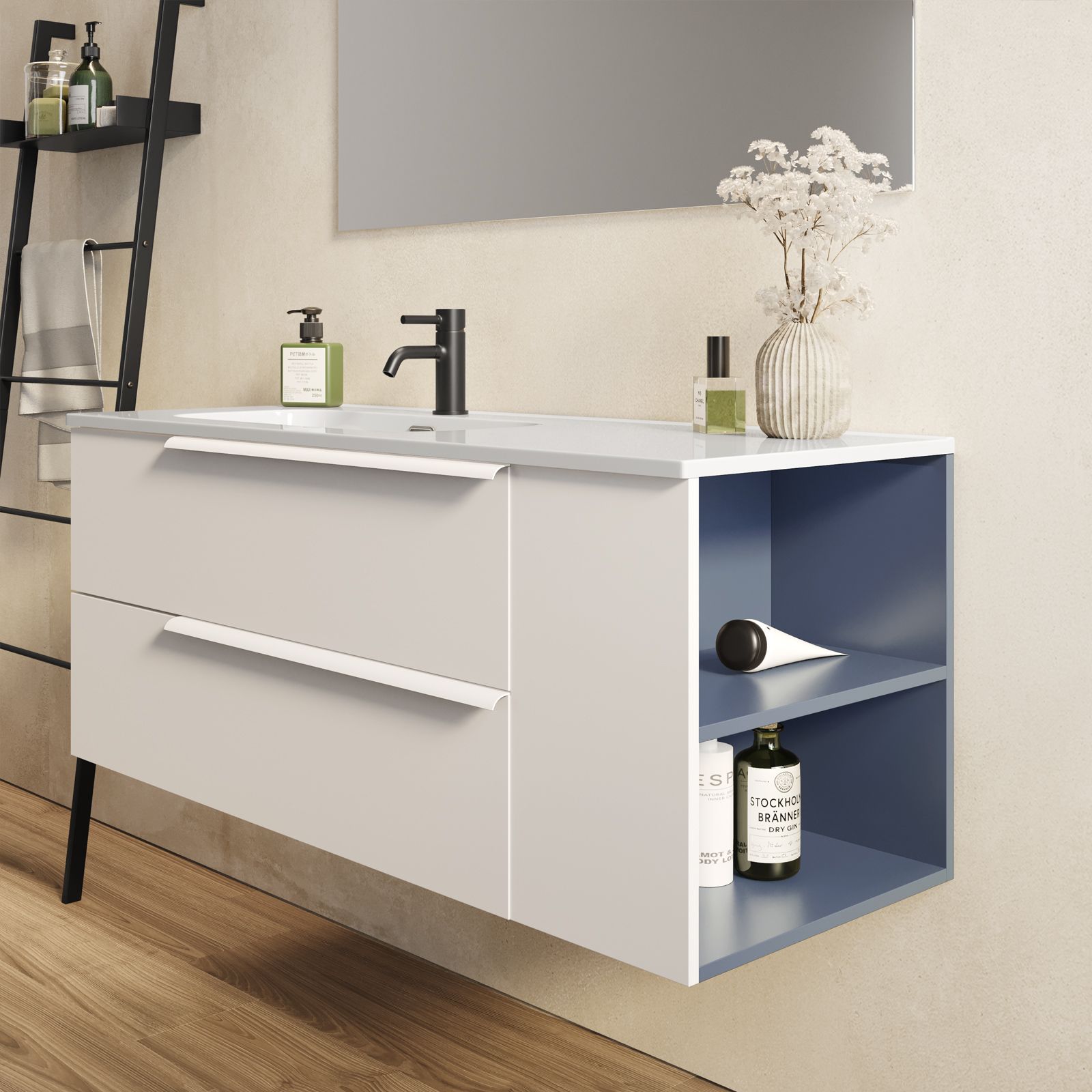 Mobile bagno sospeso 120 cm profondo 51,5 cm eucalipto colonna dx e  specchio - Dinamiko