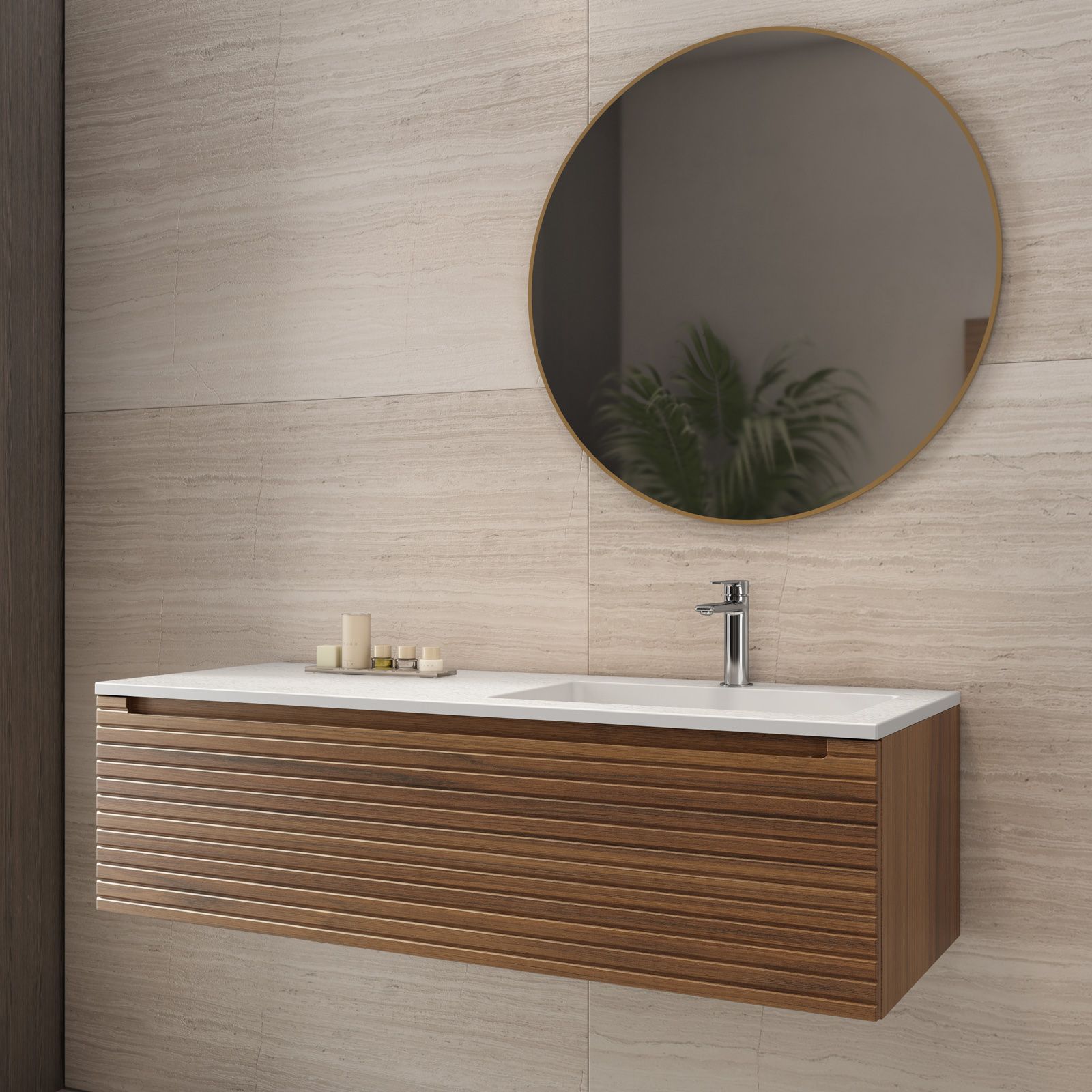 Mobile bagno sospeso 120 cm noce maior cannettato con lavabo bianco effetto  pietra dx e specchio - Deck