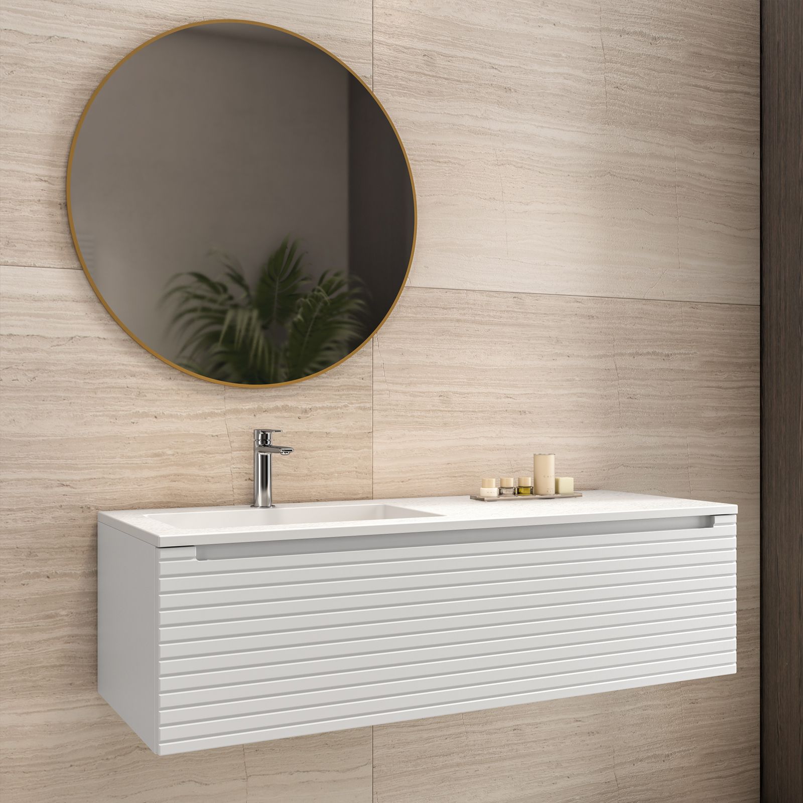 Mobile bagno sospeso 120 cm bianco opaco cannettato con lavabo bianco  effetto pietra sx e specchio - Deck