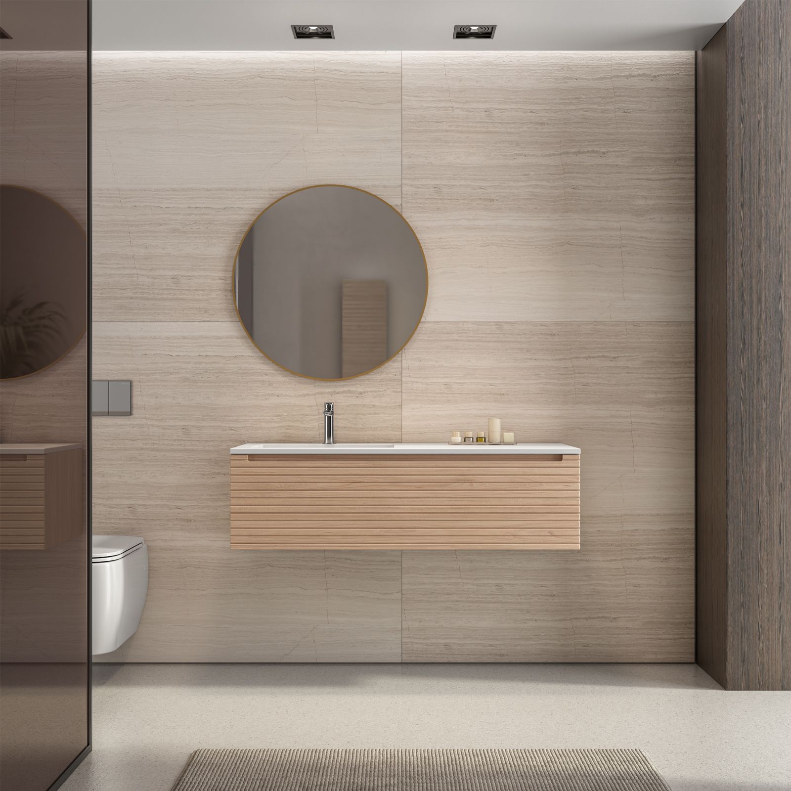 Mobile bagno sospeso 120 cm rovere portofino cannettato con lavabo bianco  effetto pietra sx e specchio - Deck