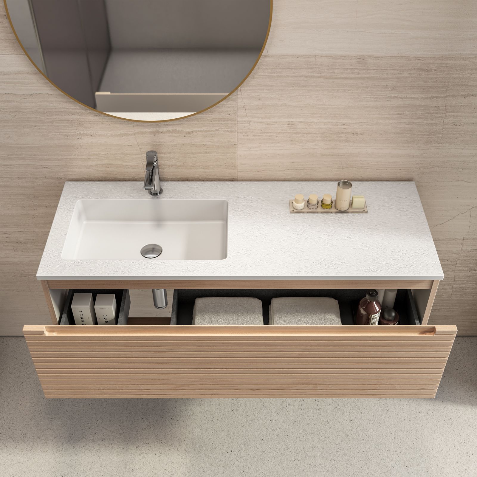 Mobile bagno sospeso portalavabo sx 120 cm rovere portofino con lavabo  bianco marmo - Nancy