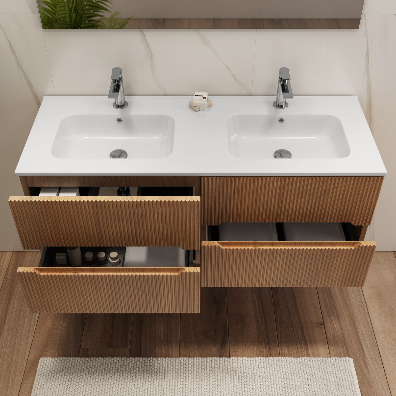 Mobile bagno sospeso 120 cm cannettato noce maior con doppio lavabo e  specchio - Tayga