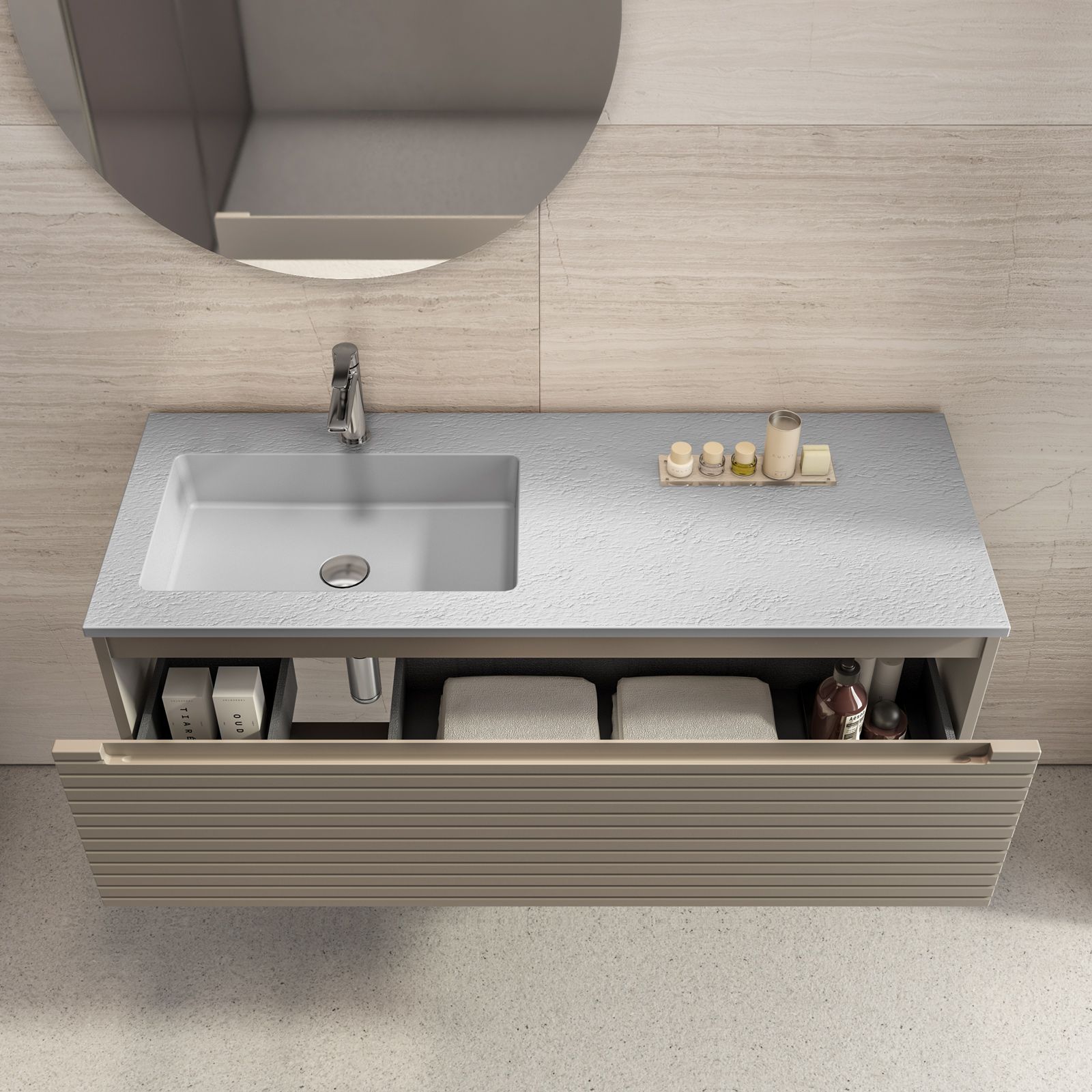 DEGHI MOBILI Mobile Da Bagno Sospeso 110 Cm Tortora Lucido Lavabo A Sx E  Pensile - Zoe