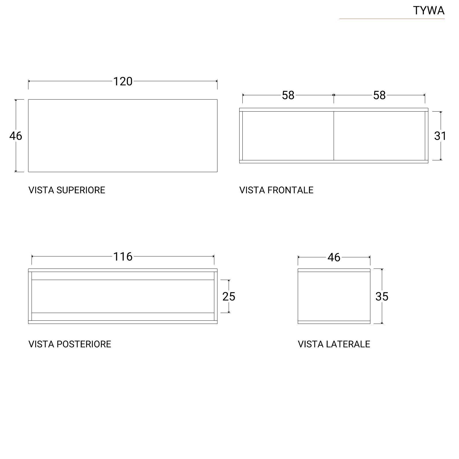 Mobile bagno sospeso 120 cm con 2 ante in legno teak scuro - Tywa