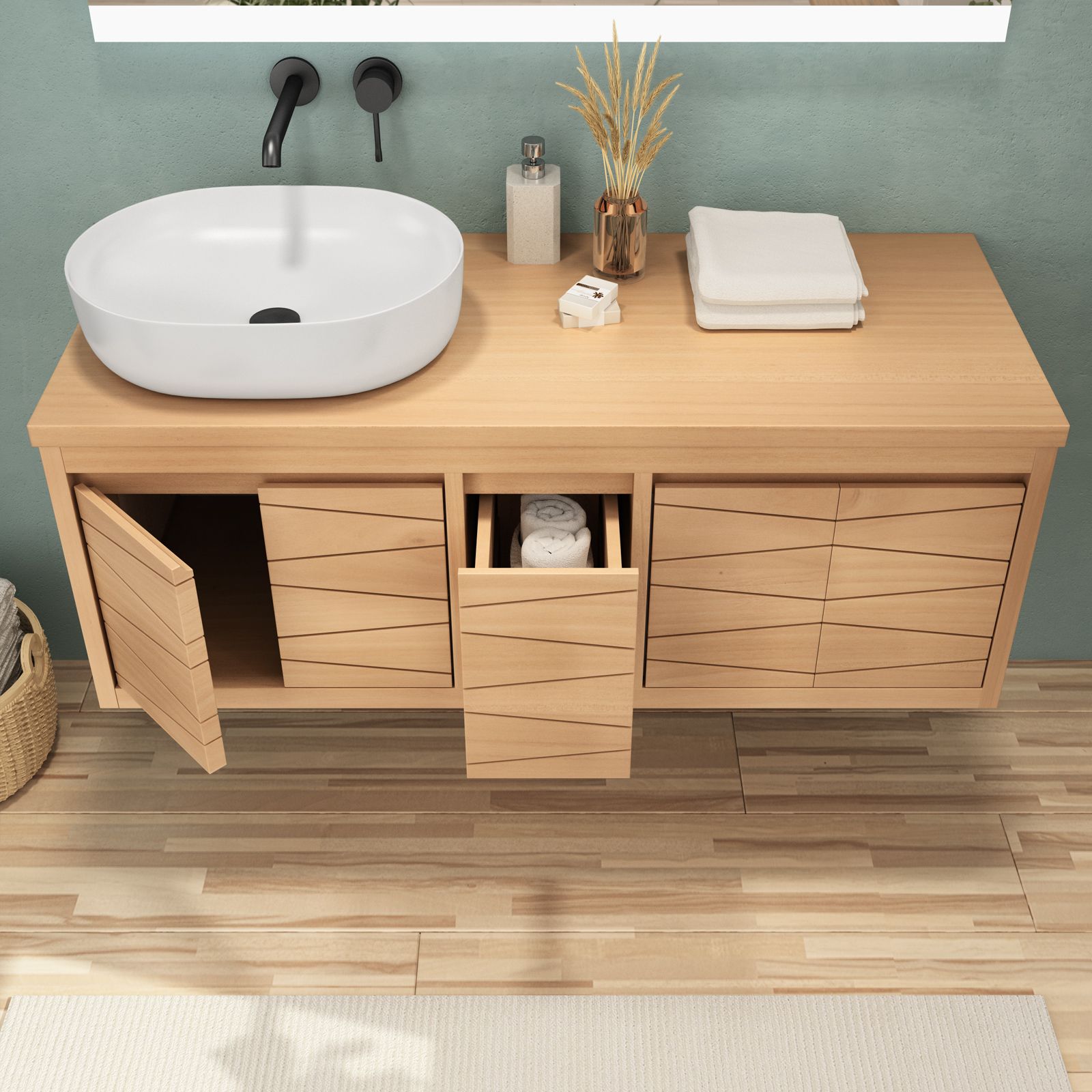 Mobile bagno sospeso 120 cm profondità 50 cm con 4 ante e cassetto in legno  di mindi - Agron