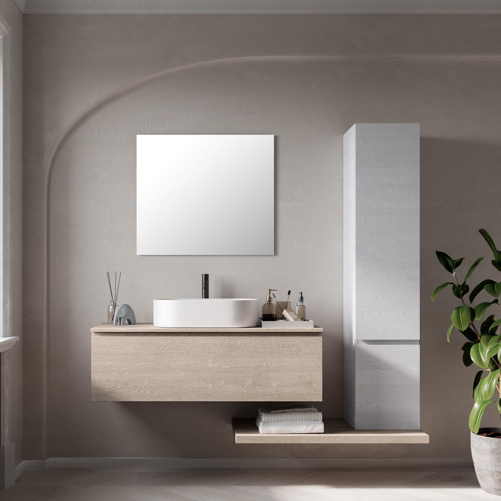 Mobile bagno sospeso 120 cm profondo 51,5 cm frassino avena colonna dx e  specchio - Dinamiko