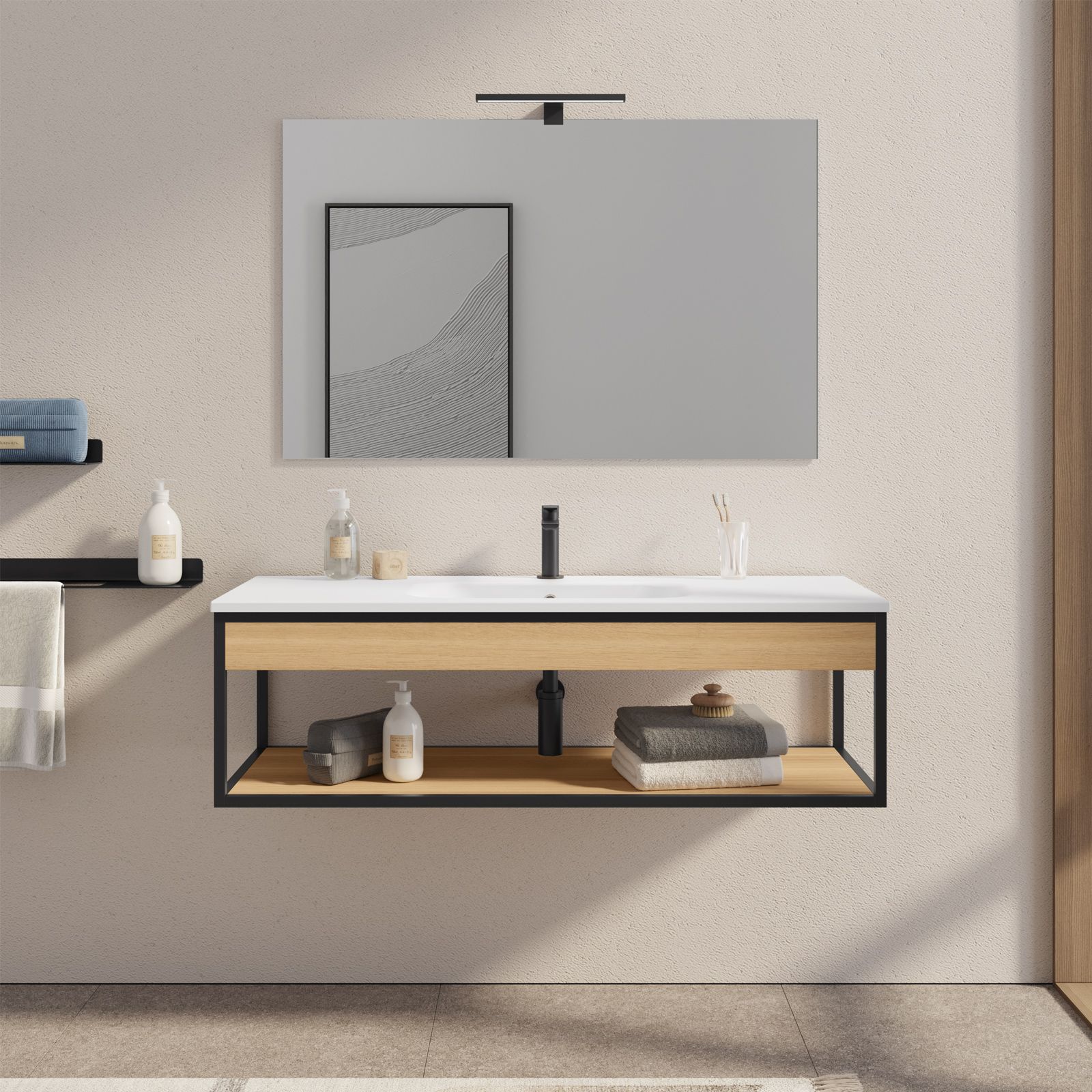 Mobile bagno a terra 120 cm nero e rovere con lavabo integrato e specchio -  Axis