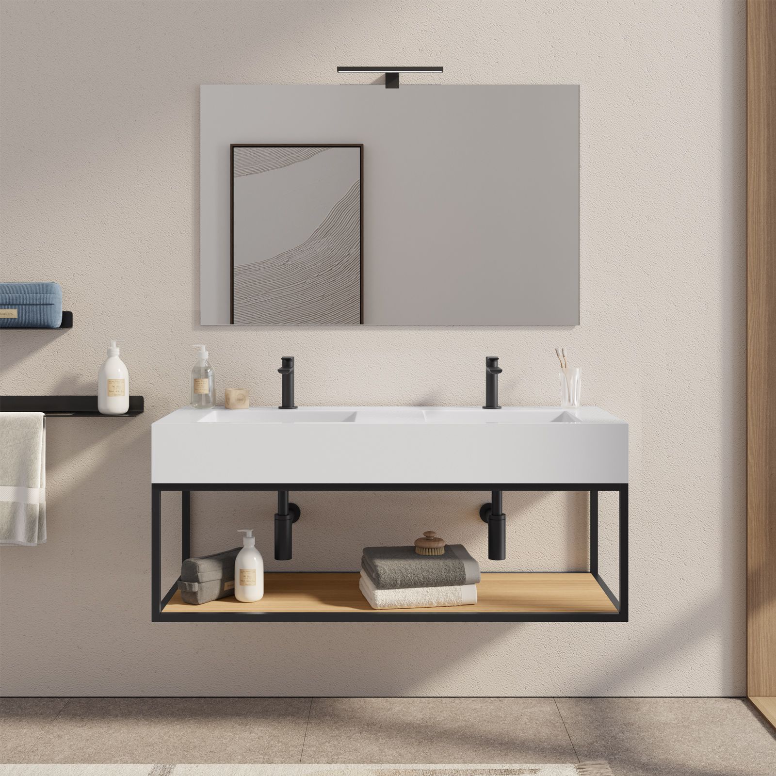 Mobile bagno a terra 120 cm nero e rovere con top lavabo doppio e specchio  - Axis