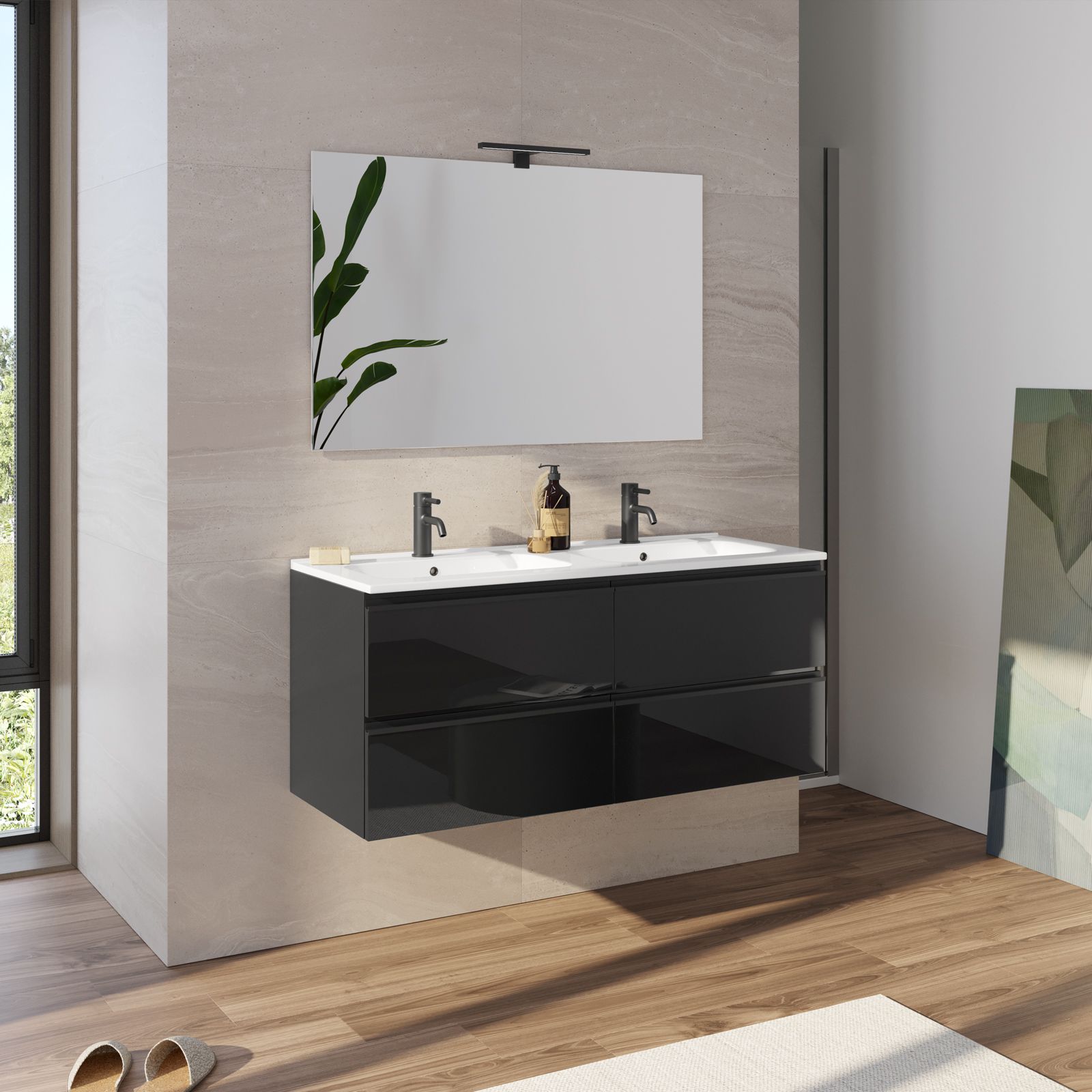 Mobile bagno sospeso 120 cm nero maniglie nere con lavabo e specchio - Rebus