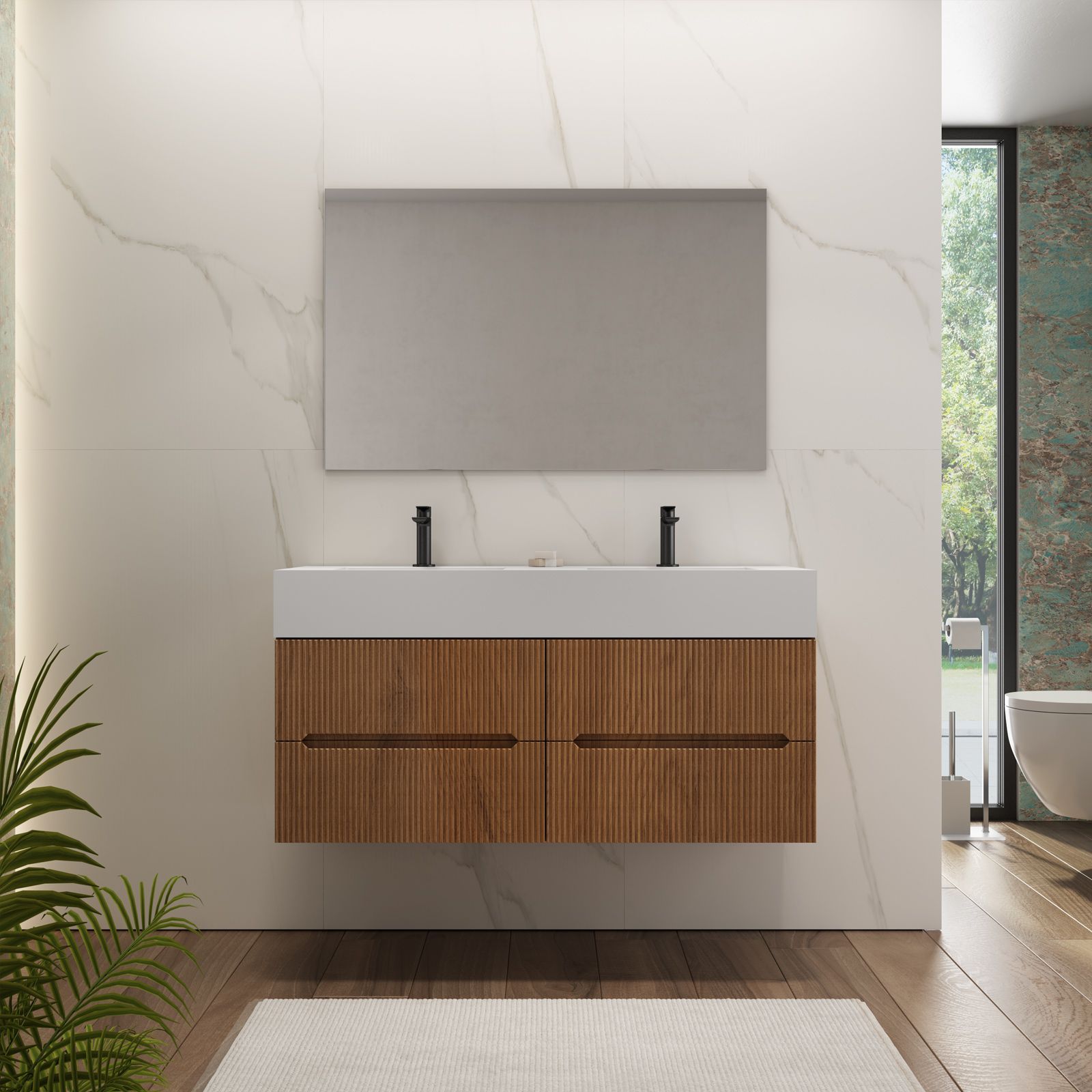 MOBILE BAGNO SOSPESO EFFETTO LEGNO NOCE SCURO 120CM E SPECCHIO A