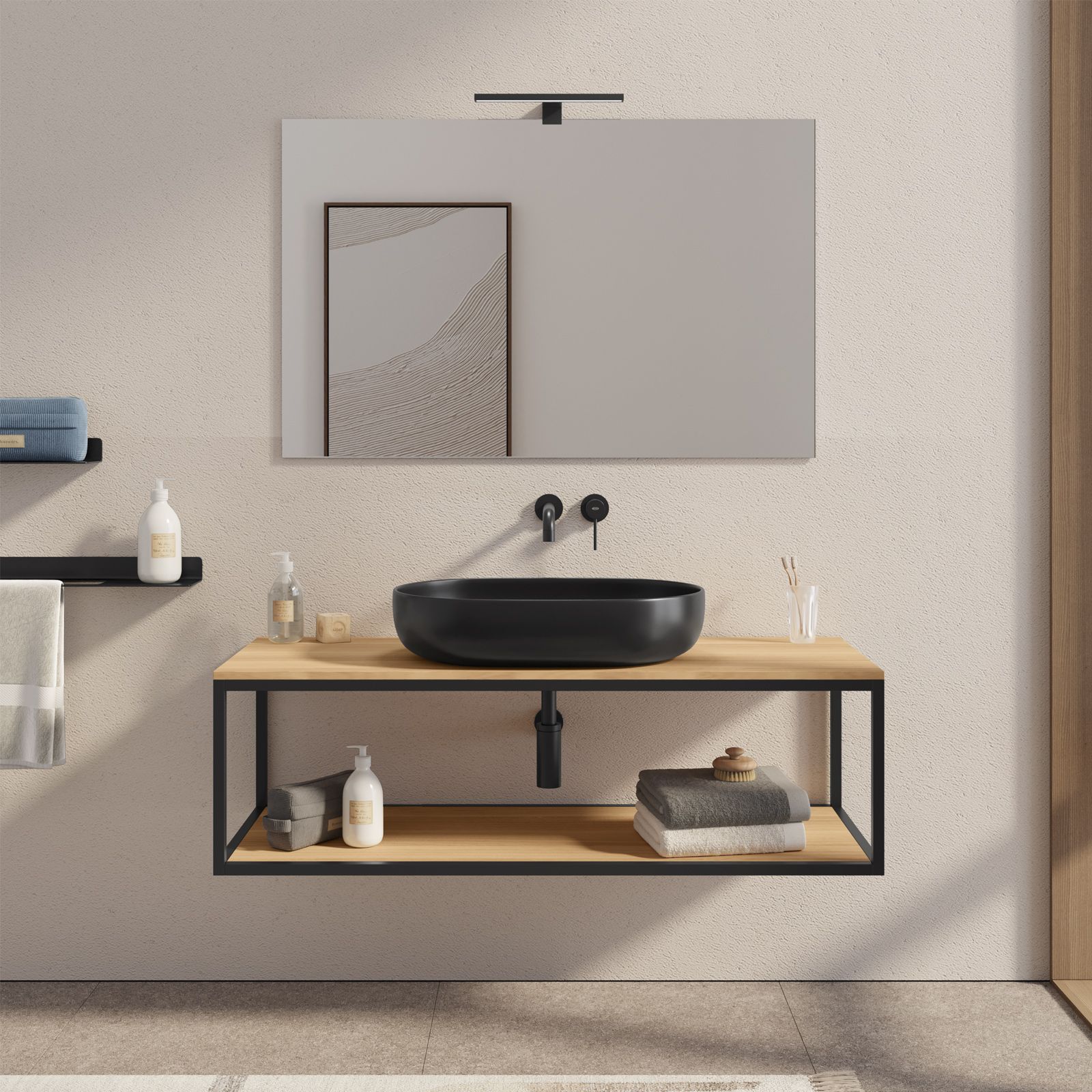 Mobile bagno a terra 120 cm nero e rovere con lavabo integrato e specchio -  Axis