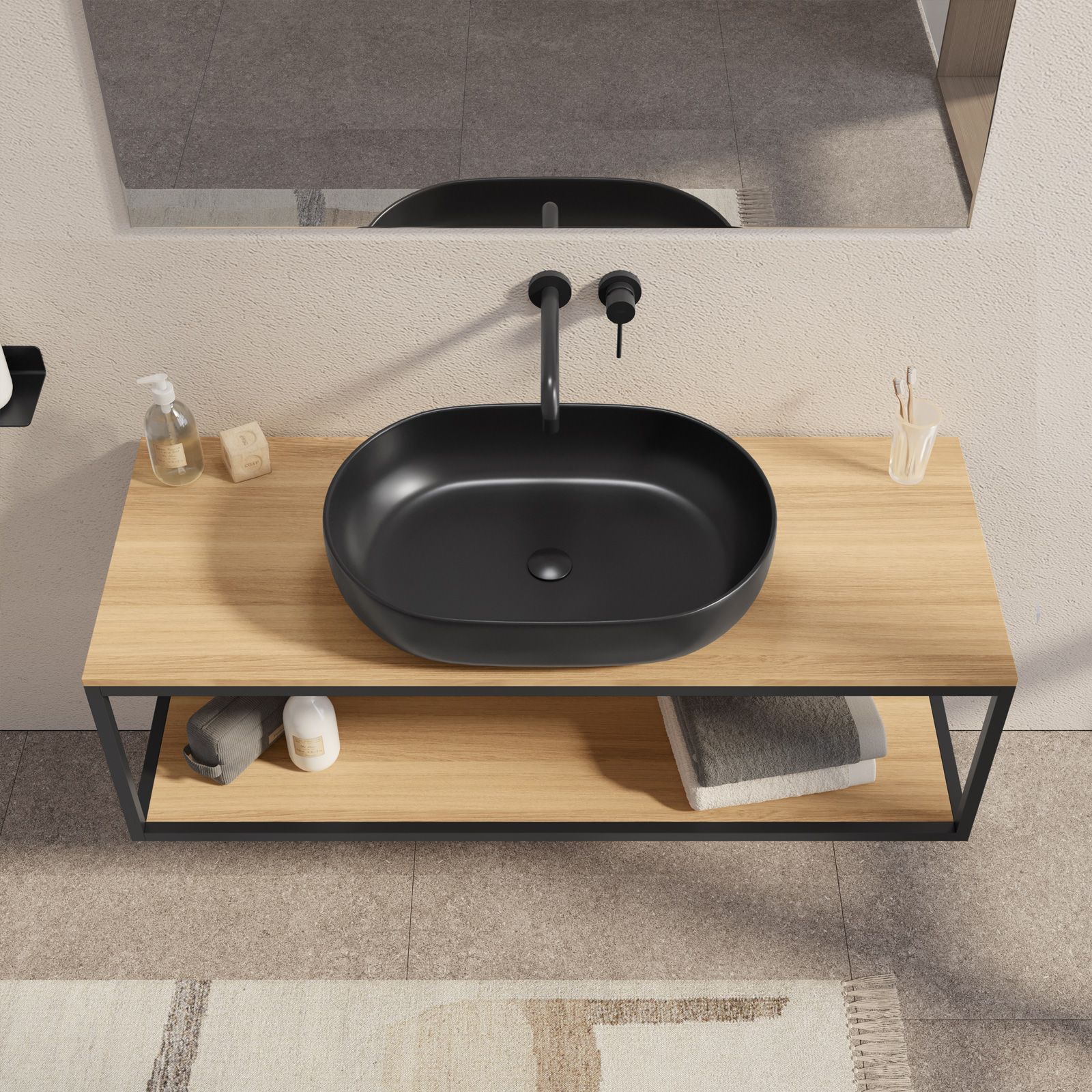 Mobile bagno sospeso rovere scuro con lavandino nero in vetro