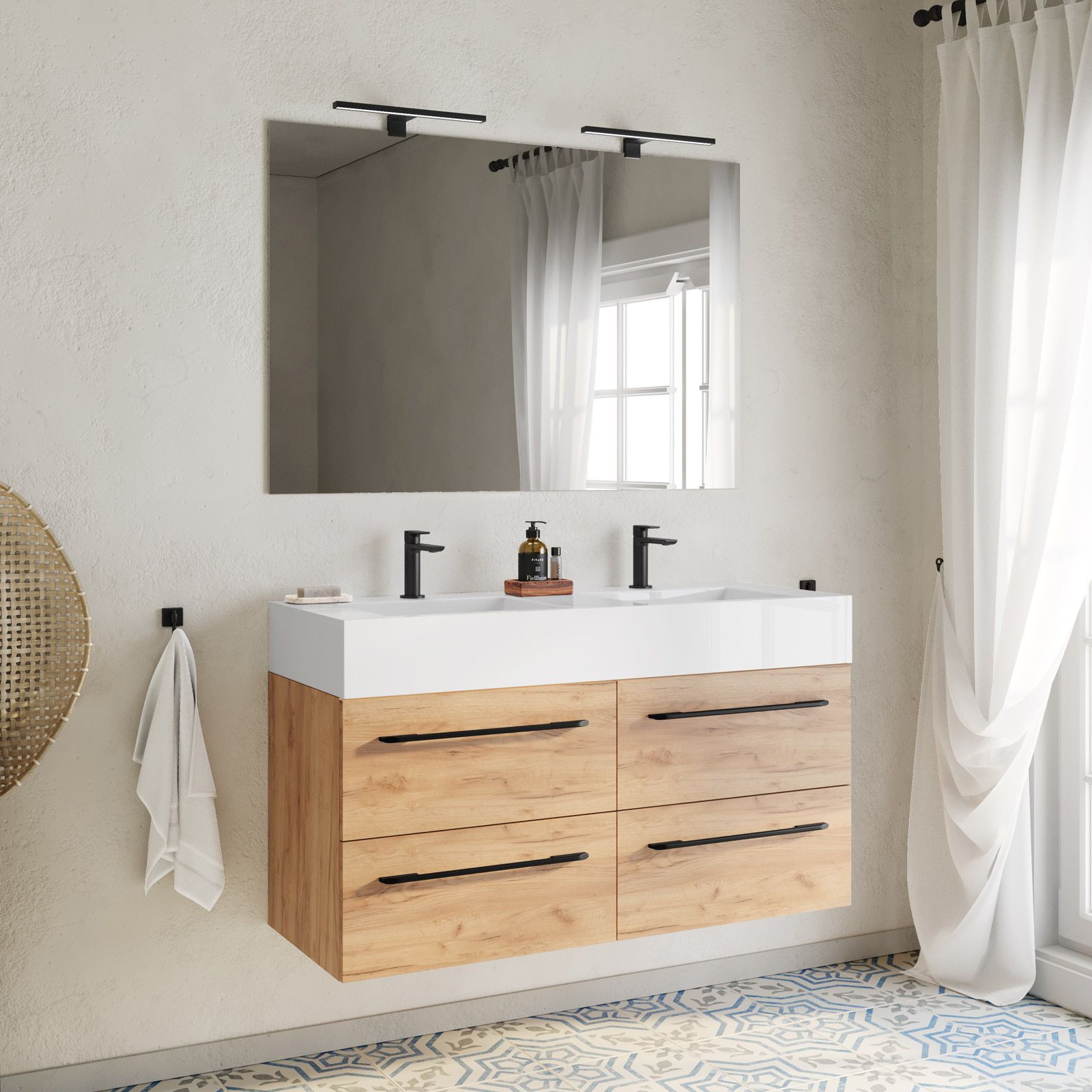 Mobile Bagno Sospeso 120cm Con Doppio Lavabo Specchio, Lampada e Porta  Asciugamano - Rovere miele