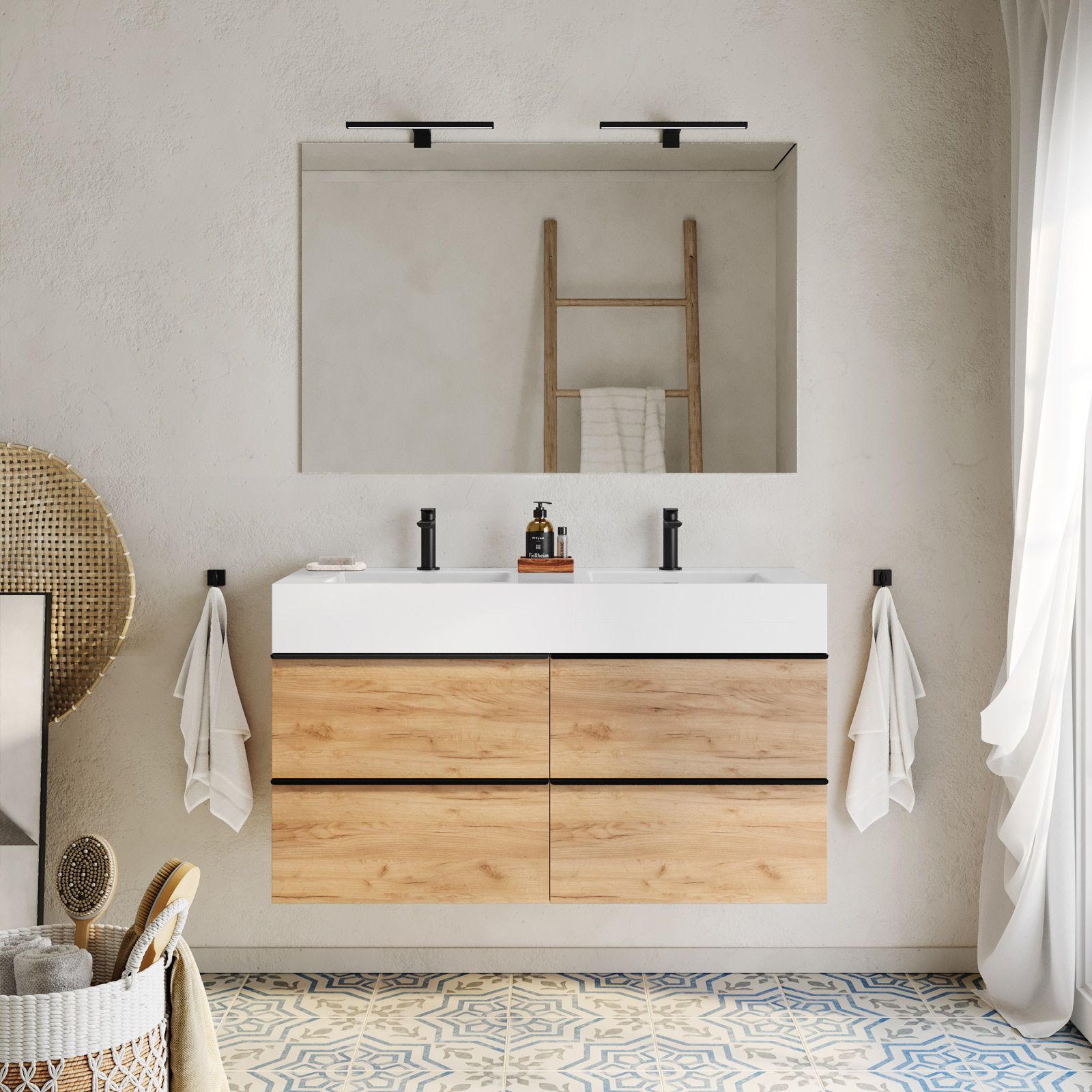 Mobile bagno con top 60 cm rovere africa con lavabo e specchio - Yamir