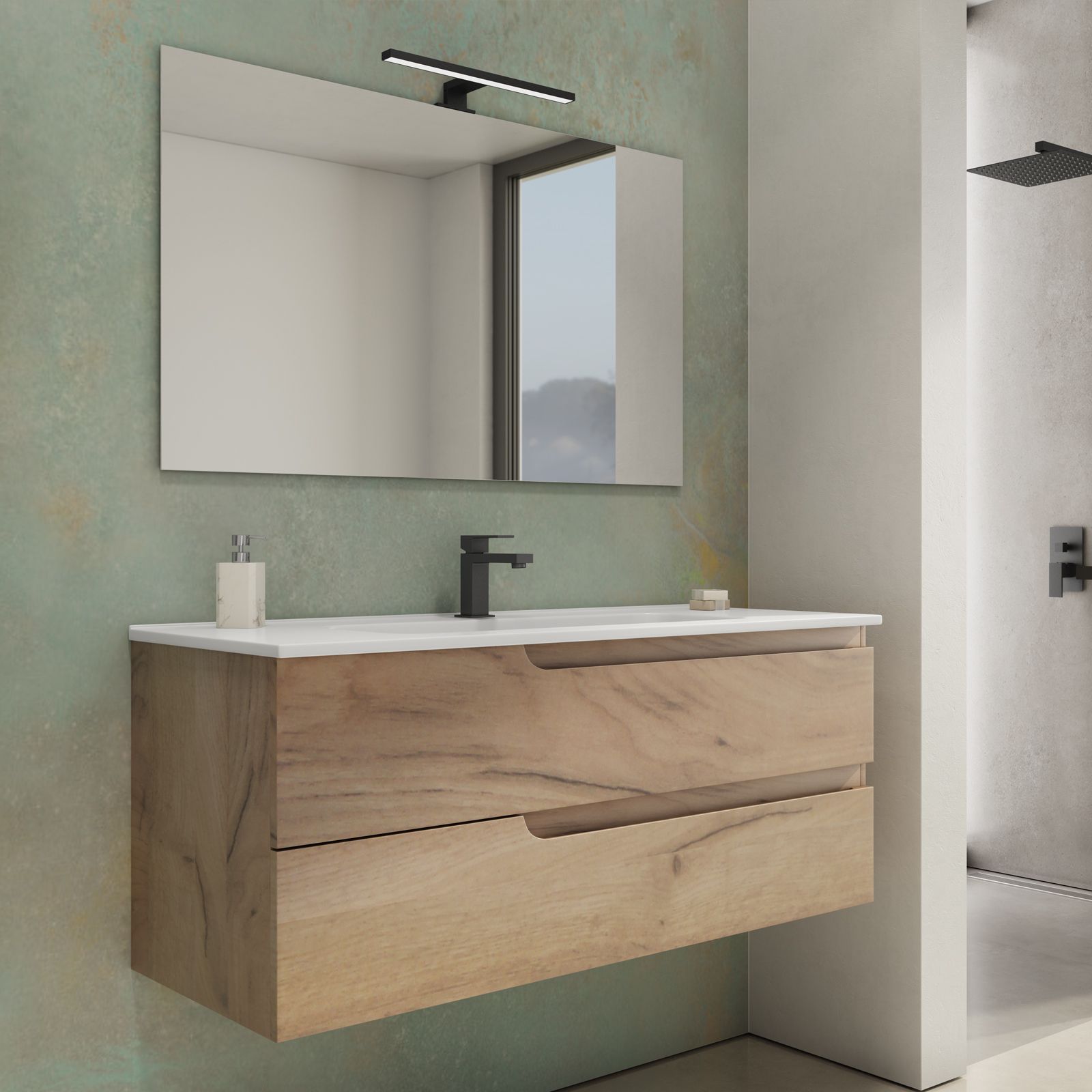 Mobile bagno sospeso 120 cm con lavabo integrato color rovere deserto e  specchio - Agave Plus