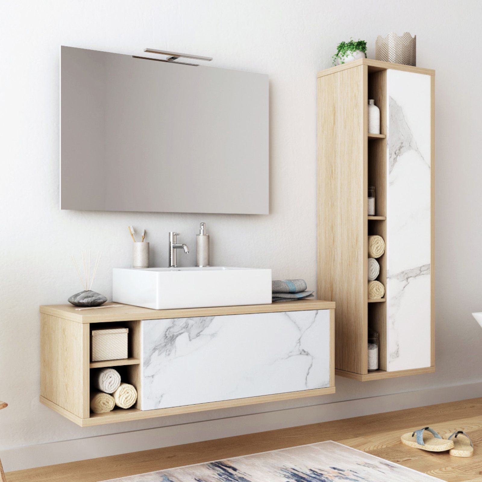 Mobile bagno sospeso 120 cm profondità 51 cm rovere e marmo bianco con  lavabo e specchio - Ladama