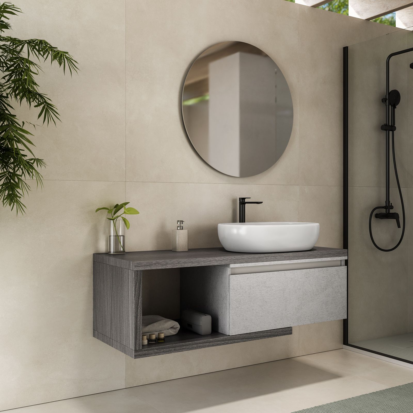 Mobile bagno sospeso 120 cm rovere grigio con cassettone grigio pietra e  specchio - Balik