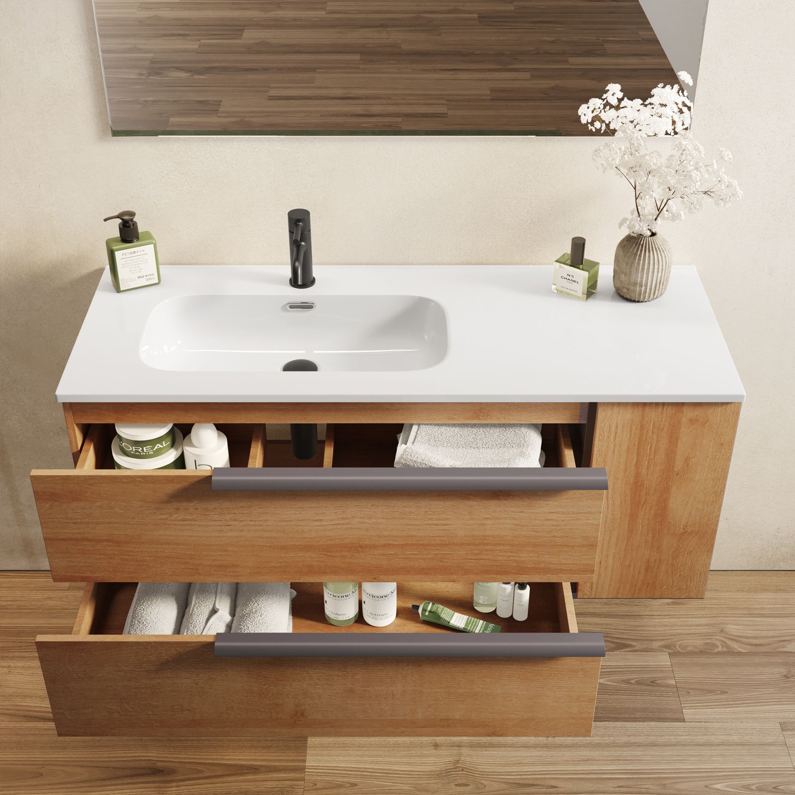 Arredamento bagno mobili con specchiera, finitura Nordik