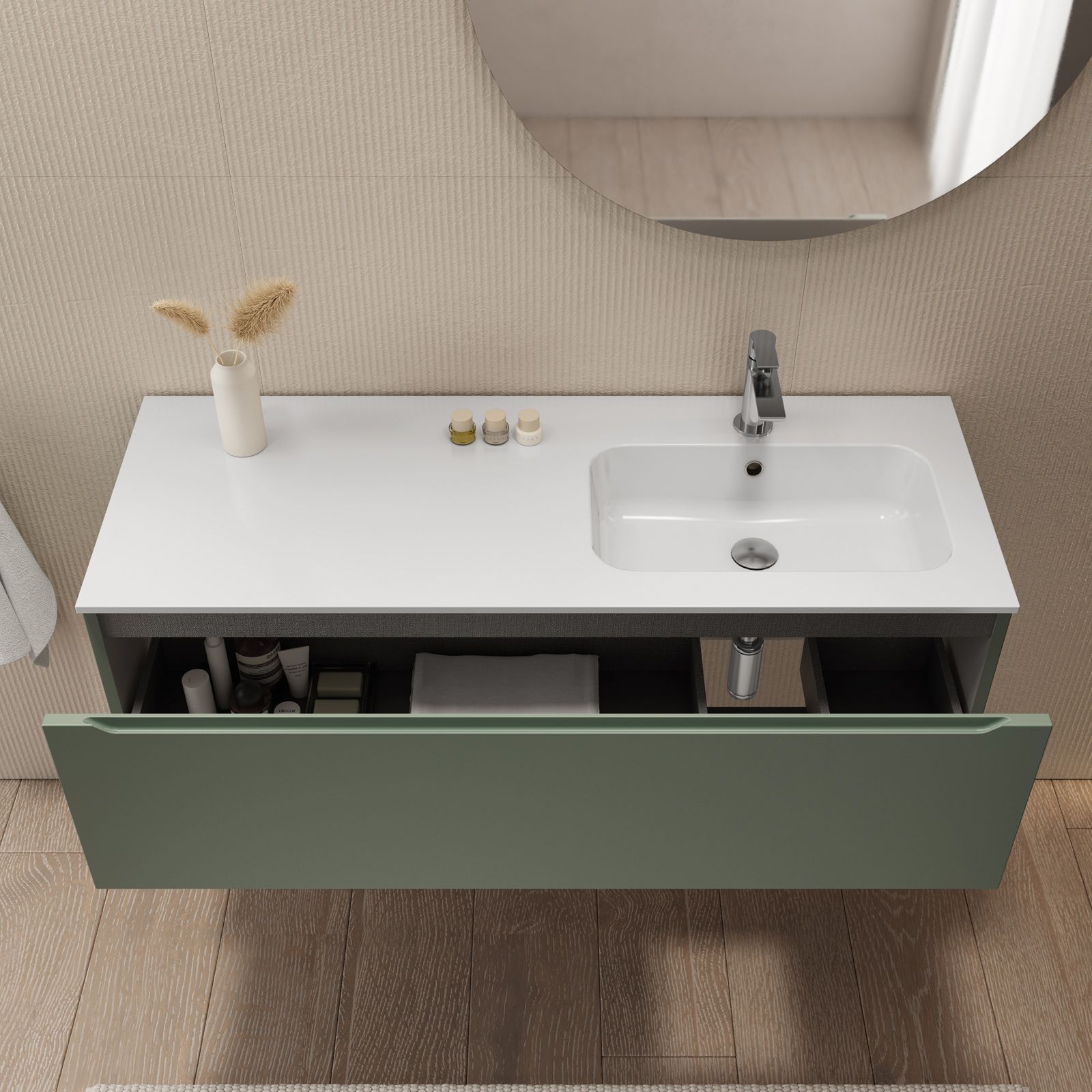 Mobile bagno sospeso 120 cm grigio opaco con lavabo integrato dx e cassetti  - Sleek