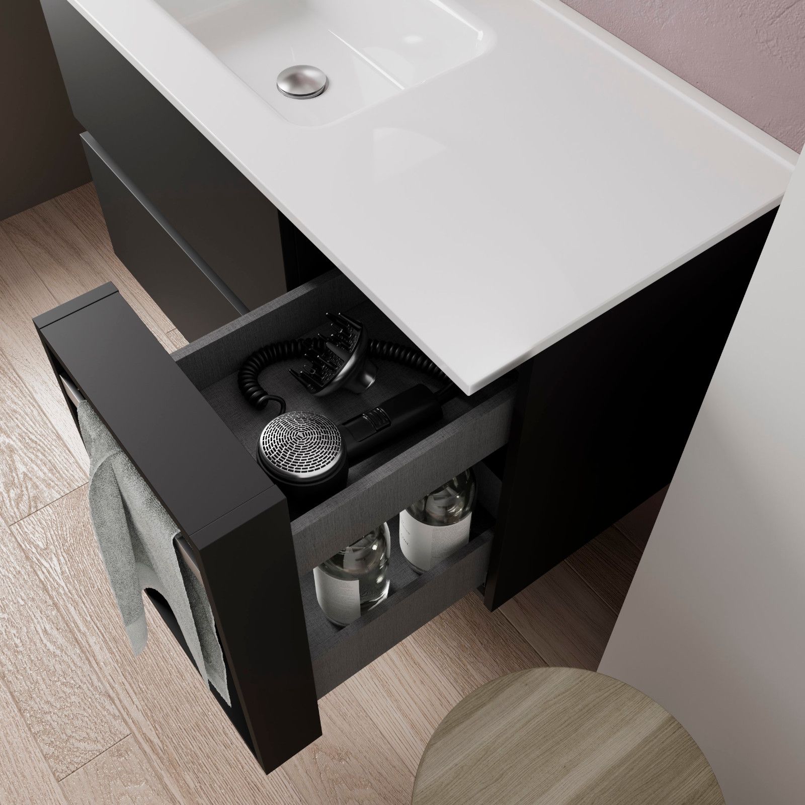 Mobile bagno sospeso 120 nero opaco con lavabo sx integrato e specchio -  Fully