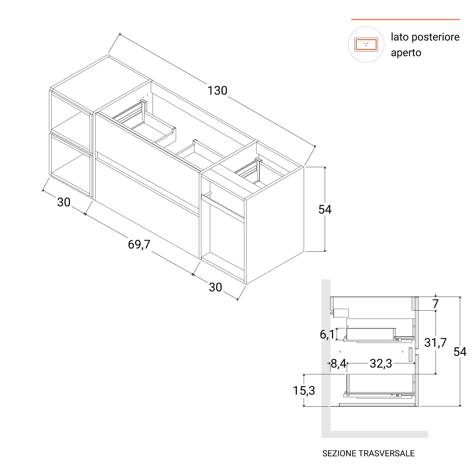 Mobile bagno sospeso frassino moire, 130cm, base, lavabo, specchio e  pensile Arredobagno e Cucine s.r.l.s.