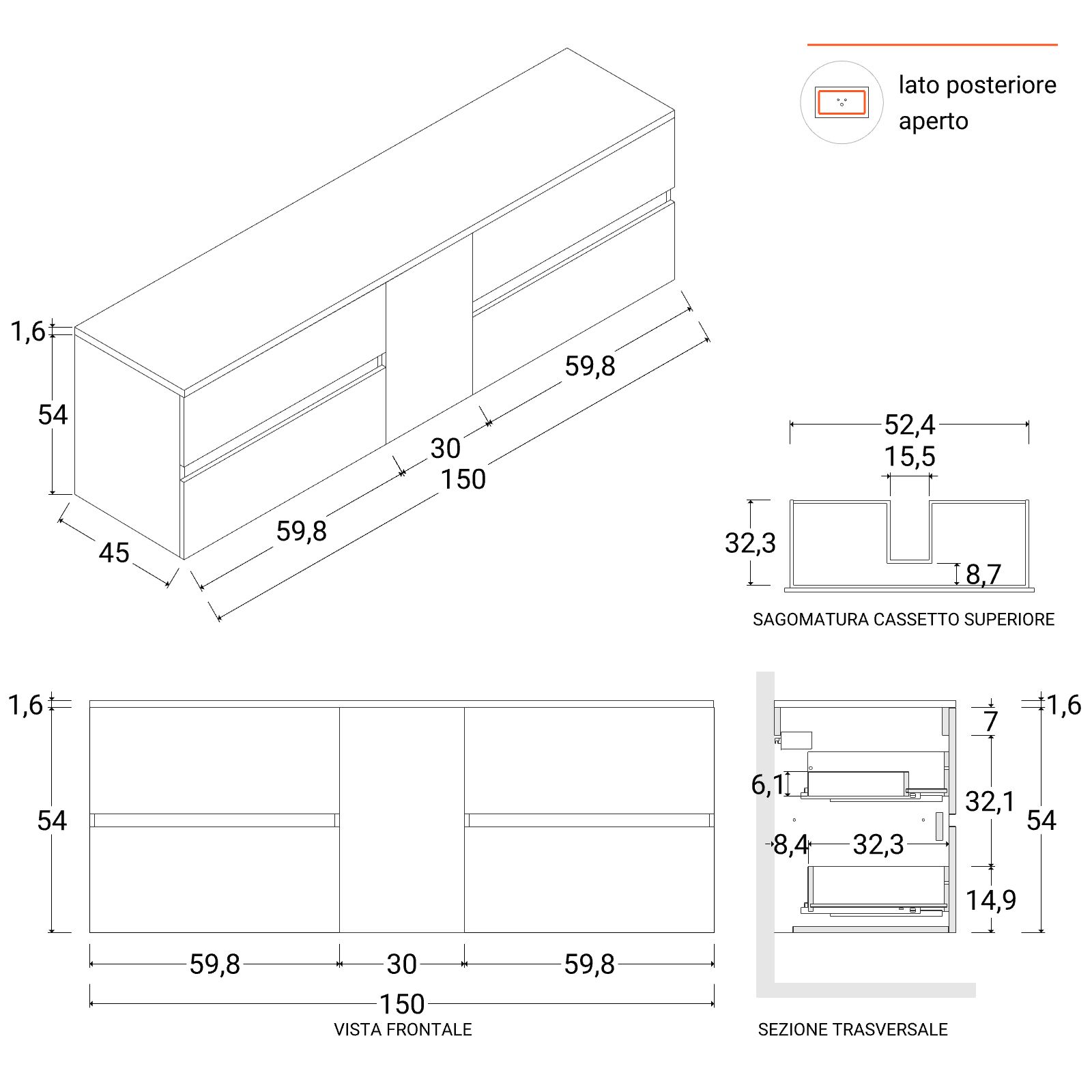 Mobile bagno sospeso 150 cm profondo 51,5 cm bianco sx e specchio -  Desiderato Plus