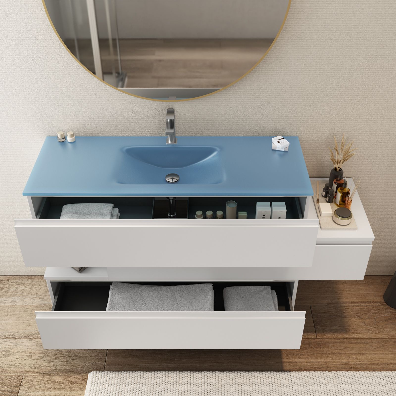 Mobile bagno sospeso 150 cm cassetto centrale dx bianco opaco e lavabo  vetro blu opaco - Rodeo