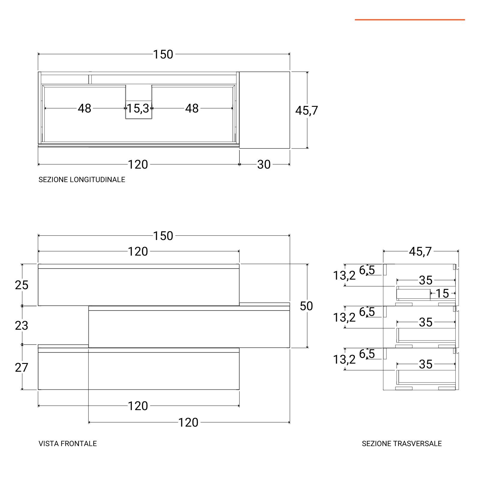 Mobile bagno sospeso 150 cm cassetto centrale dx noce maior e