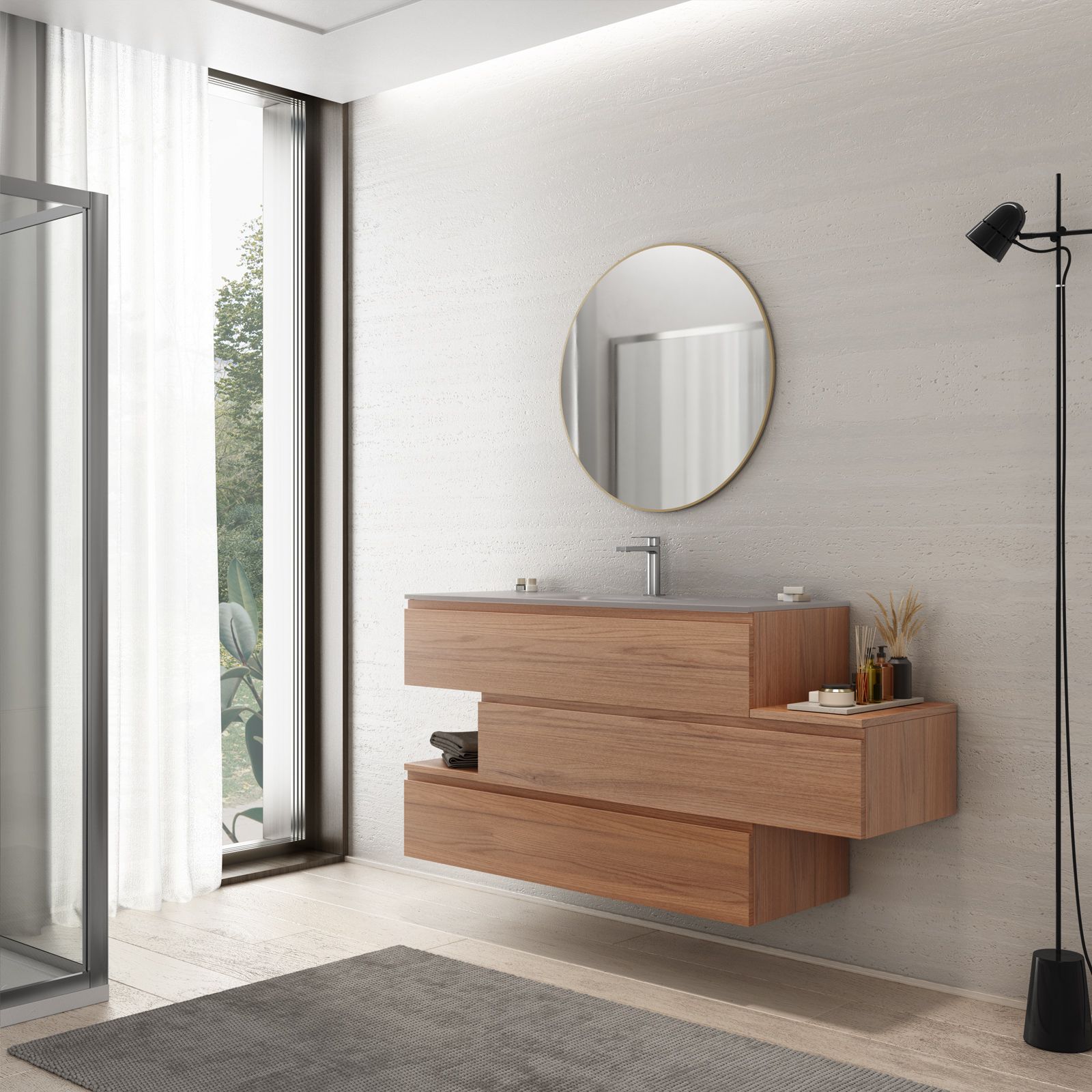 Mobile bagno sospeso ARES 150cm, versione SX o DX. Disponibile in 3 colori,  completo di speccio